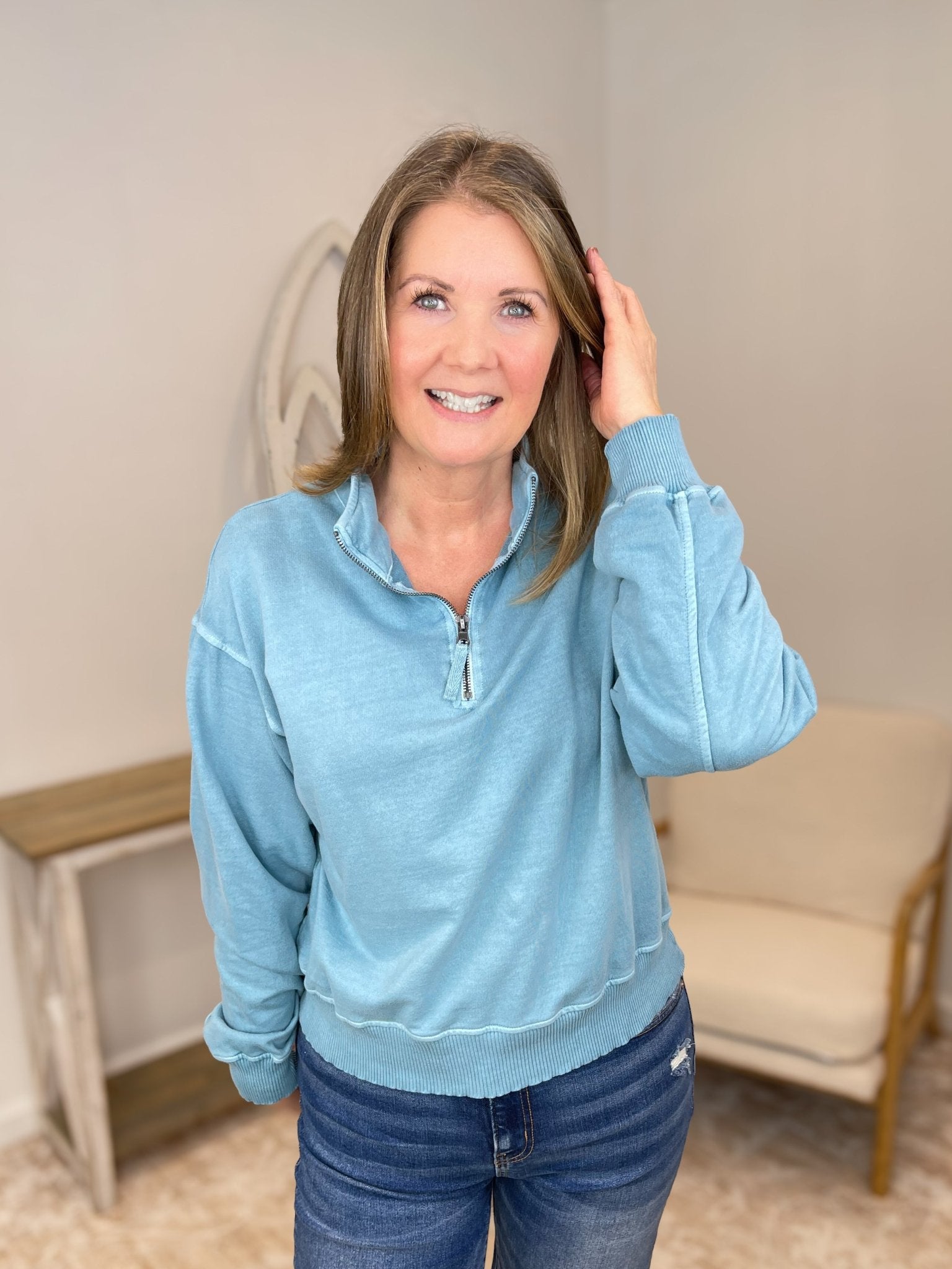 Go - To Half Zip French Terry Sweatshirt Pullover - Blue Grey - Lavender Hills BeautyZenanaTTW-5282Y-BLUGRY-S