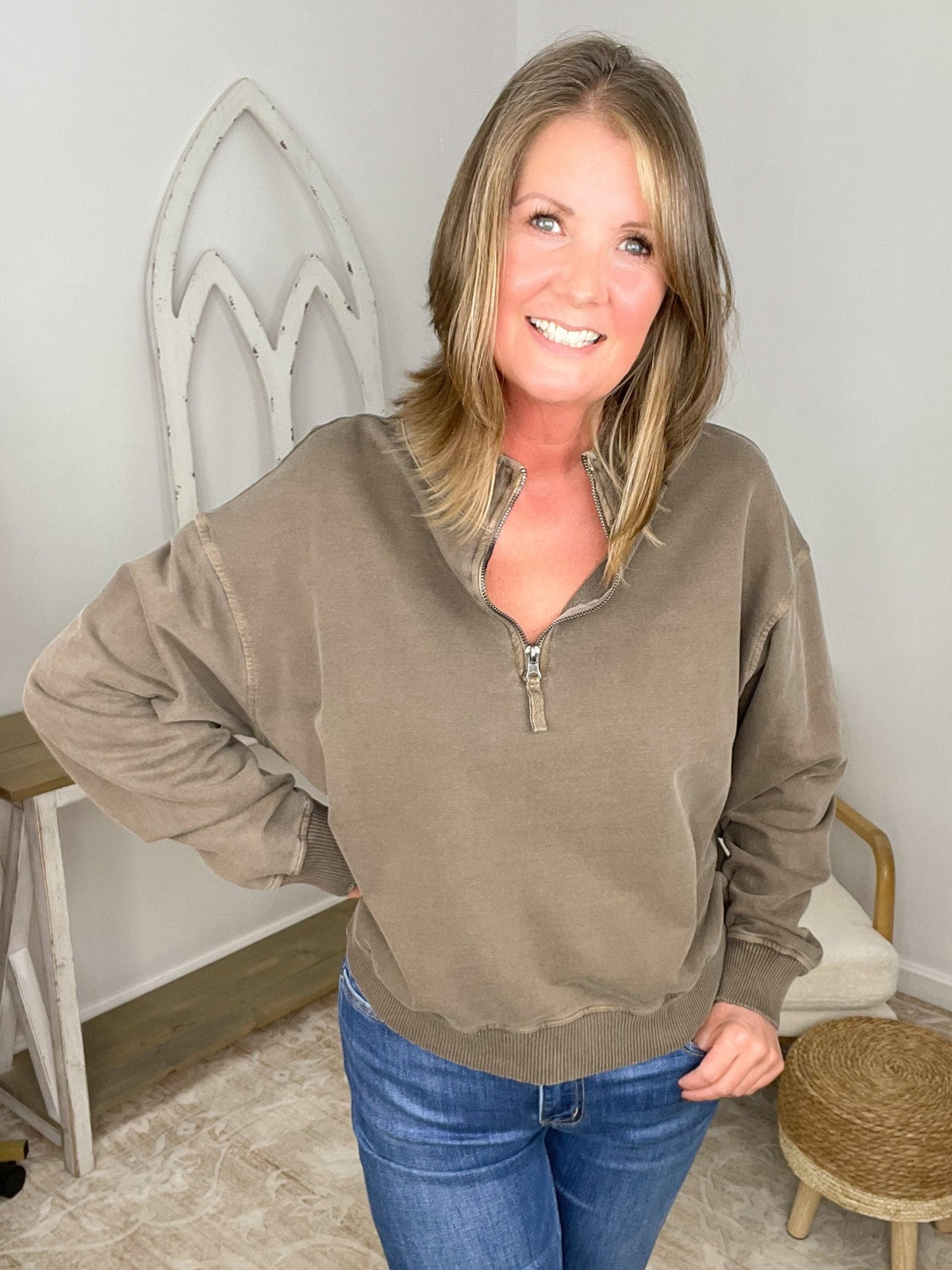 Go-To Half Zip Sweatshirt French Terry Pullover - Brown - Lavender HillsZenanaTTW-5282Y-BRN-S