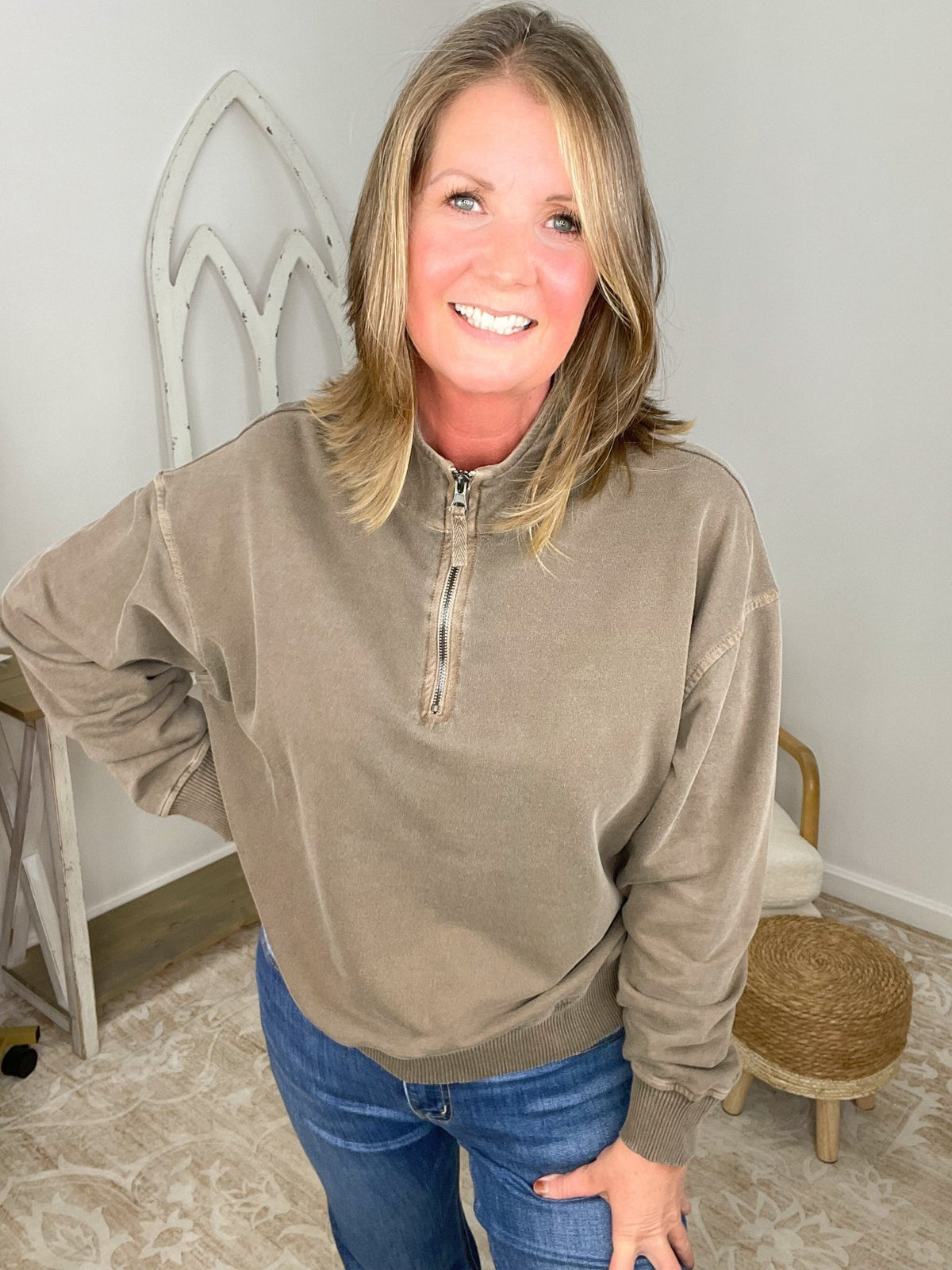 Go-To Half Zip Sweatshirt French Terry Pullover - Brown - Lavender HillsZenanaTTW-5282Y-BRN-S