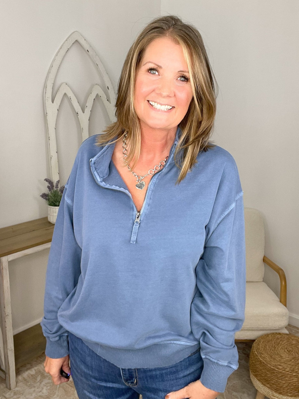 Go-To Half Zip Sweatshirt French Terry Pullover - Dusty Blue - Lavender HillsZenanaTTW-5282Y-DUSBLE-S