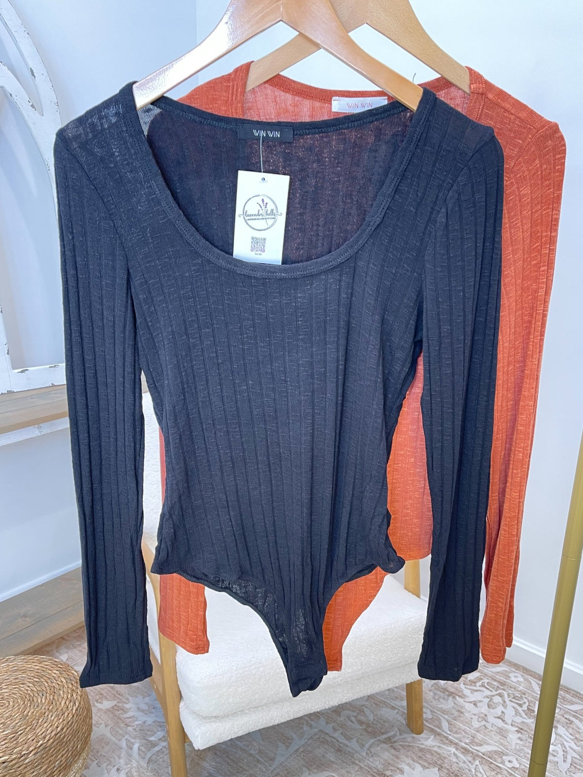 Heathered Ribbed Long Sleeve Scoop Neck Bodysuit - Lavender HillsWin Win