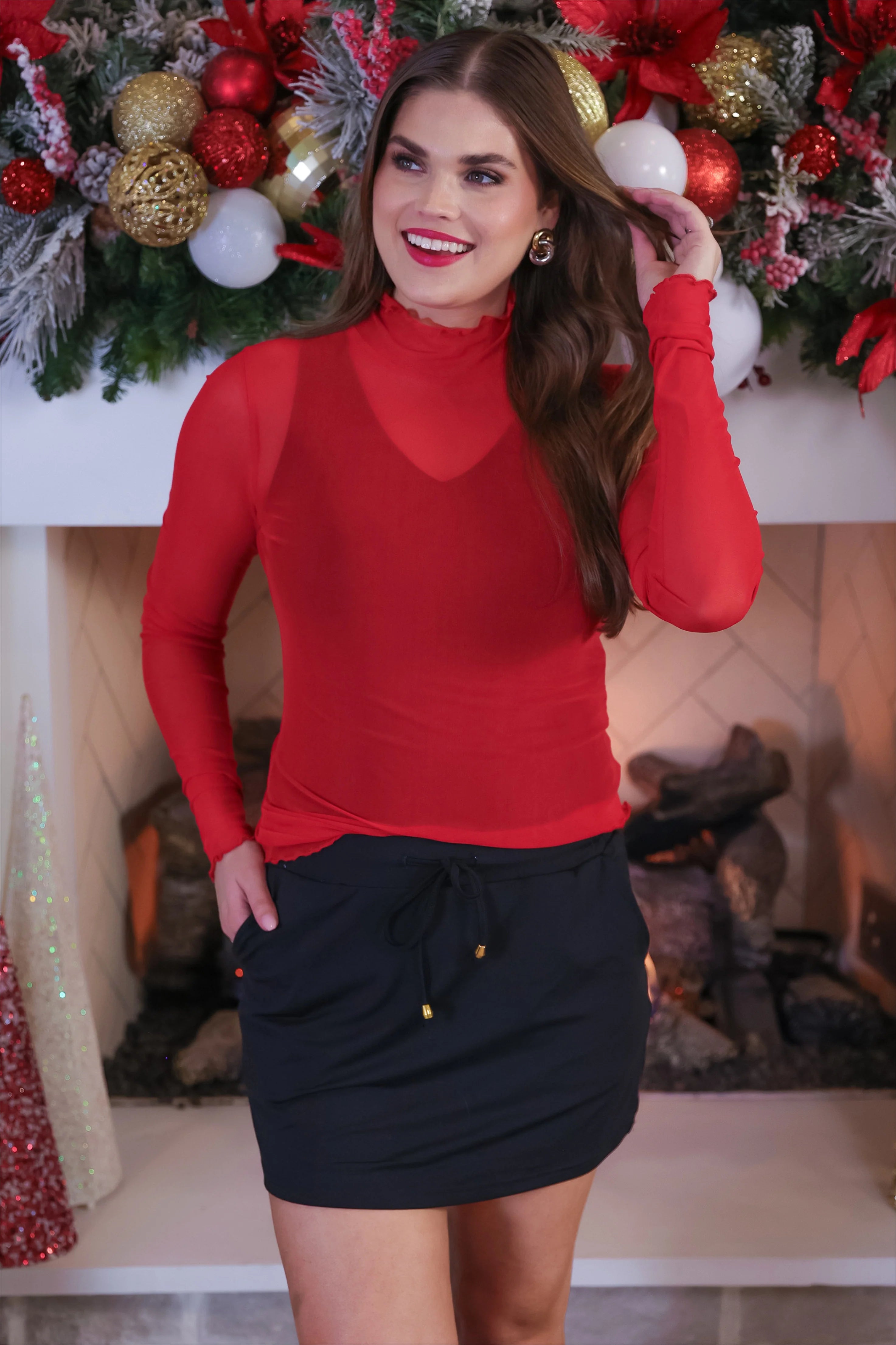 Keigan Mesh Long Sleeve Top Shirt - Red - Lavender Hills BeautyJess Lea25090030-S