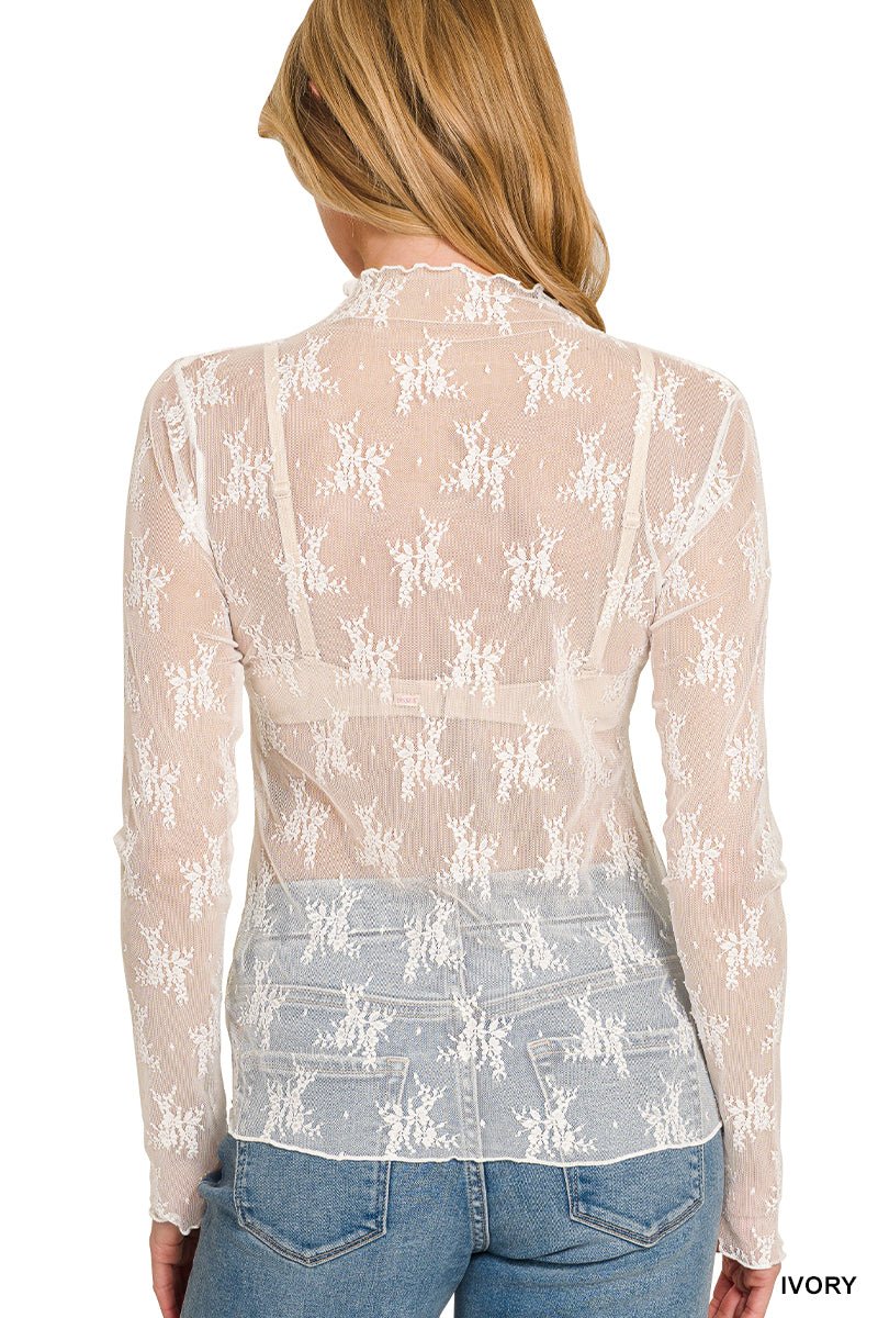 Lace Sheer Mesh Layering Long Sleeve Top Shirt - Lavender HillsZenanaLT-6343Y-DKOLV-S