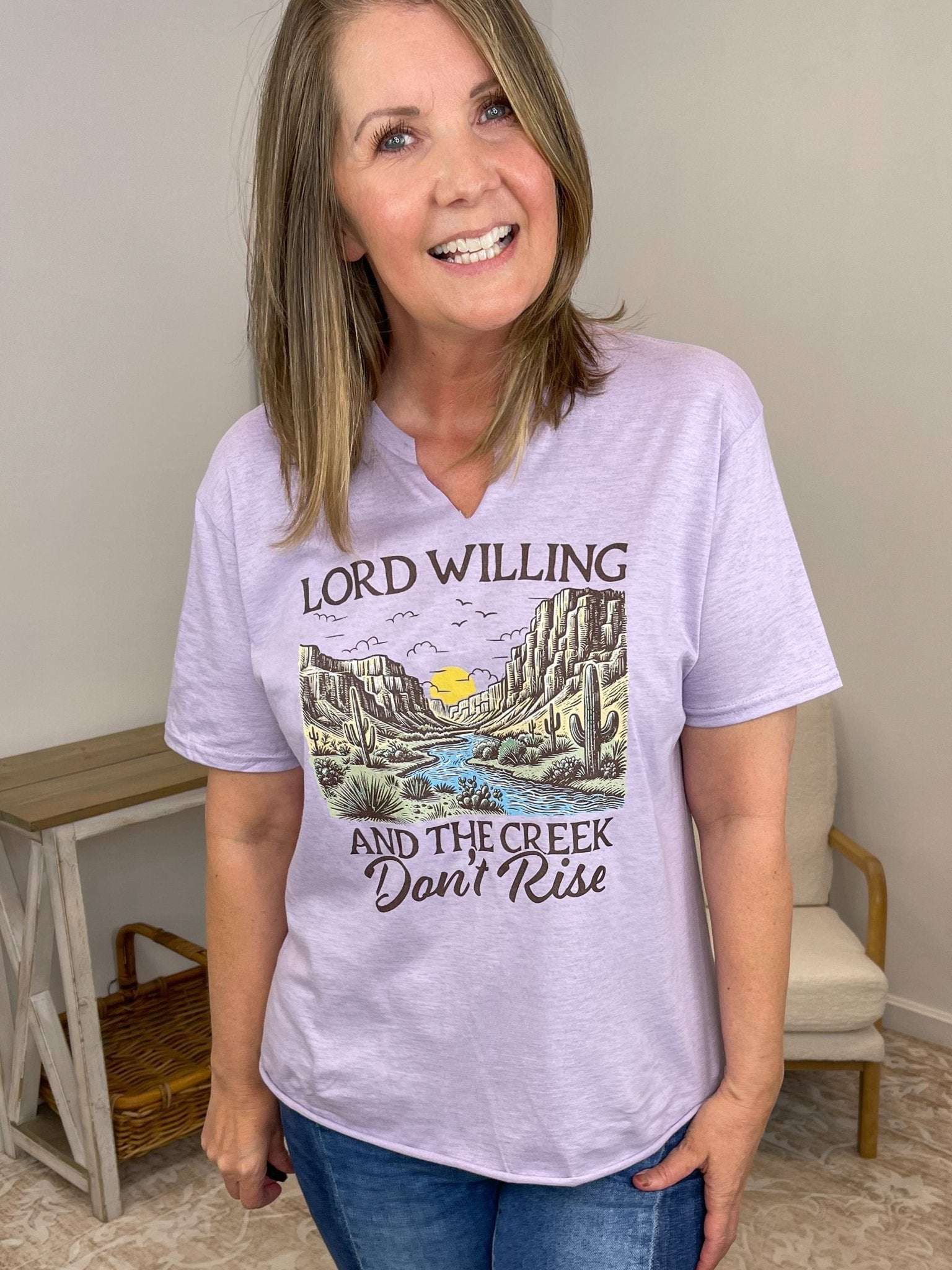 "Lord Willing and the Creek Don't Rise" Christian Graphic Tee - Lavender HillsTallulah Bee ApparelLRDCRE-S