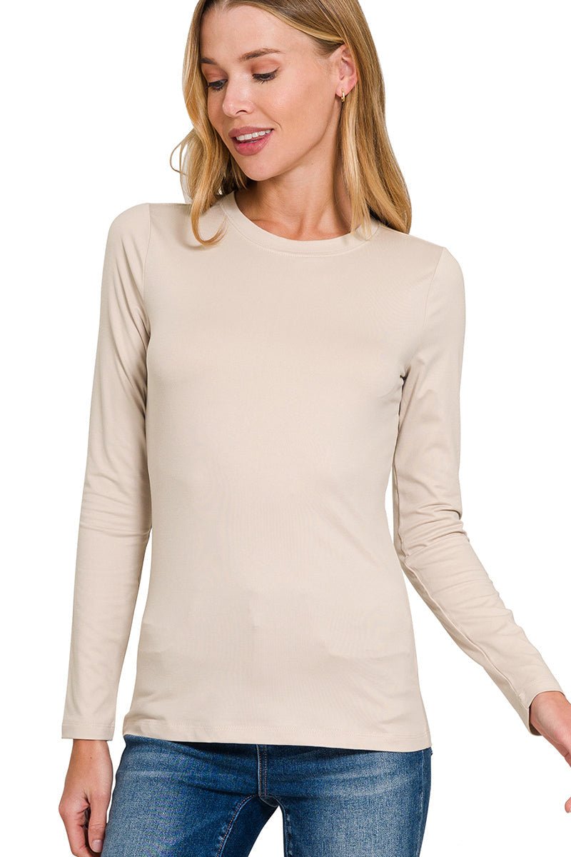 Buttery Soft Brushed Microfiber Long Sleeve Layering Tee - Lavender HillsZenanaMT-2053M8-SNDBG-S