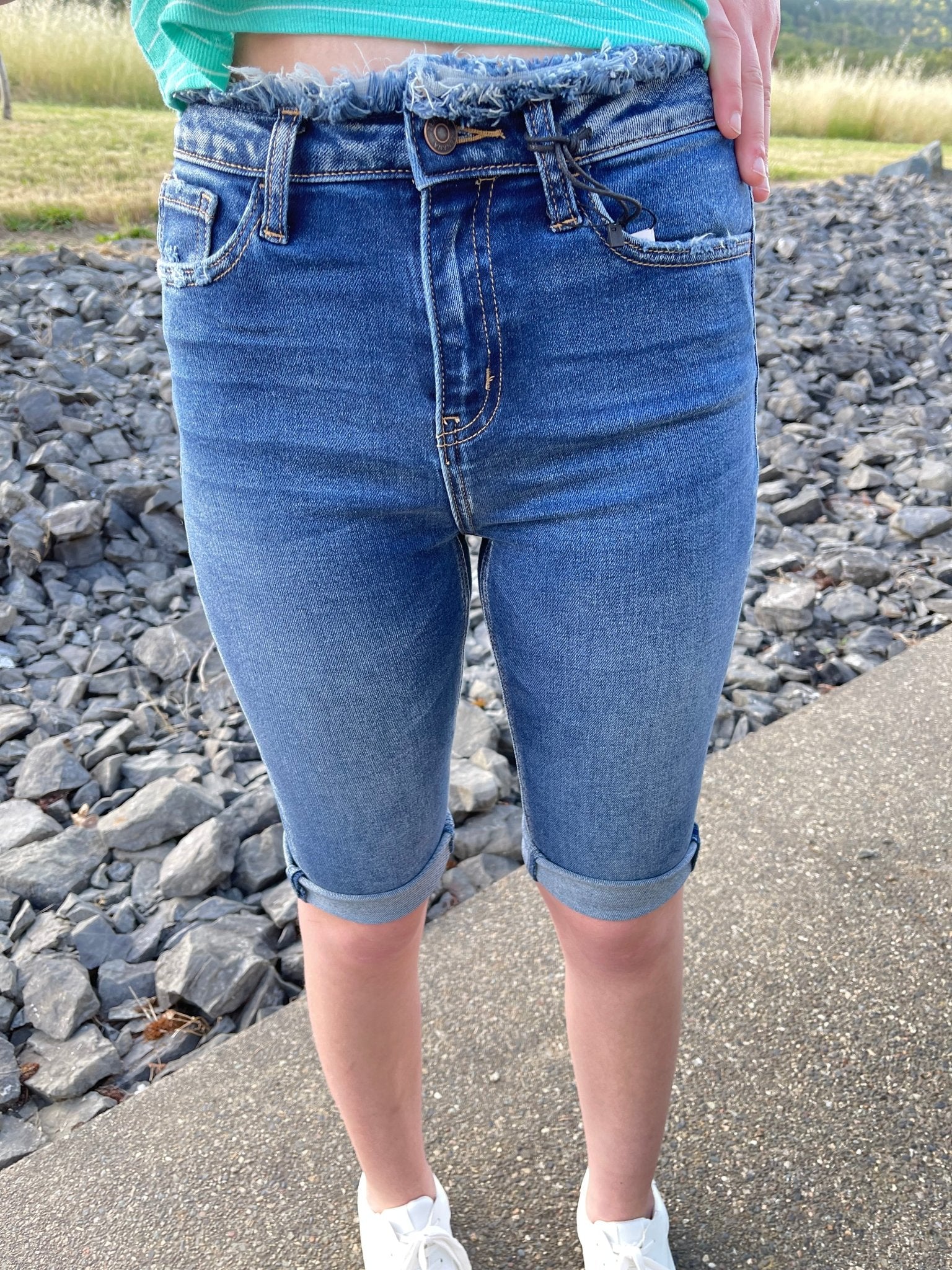 Mid - Rise Frayed Waist Bermuda Shorts - Lavender HillsZenanaDOP-1648DD-4
