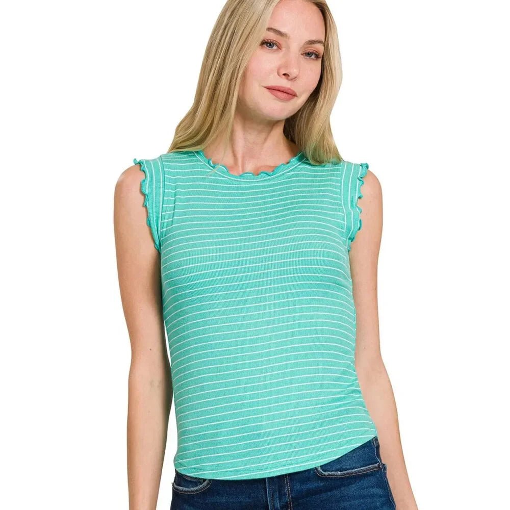 Mint Ribbed Ruffle Trim Sleeveless Stripe Top - Lavender HillsZenanaRRT-8529Y-MNT-S