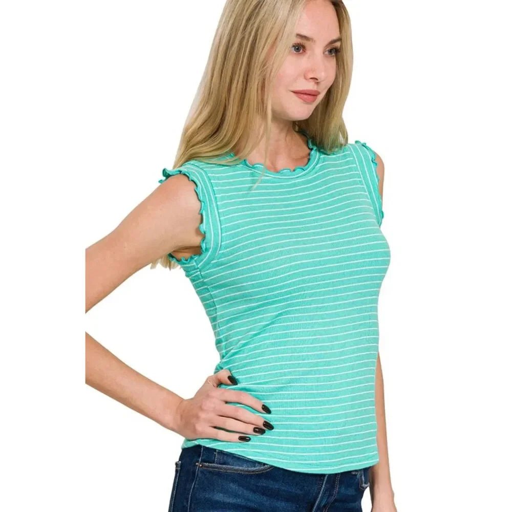Mint Ribbed Ruffle Trim Sleeveless Stripe Top - Lavender HillsZenanaRRT-8529Y-MNT-S