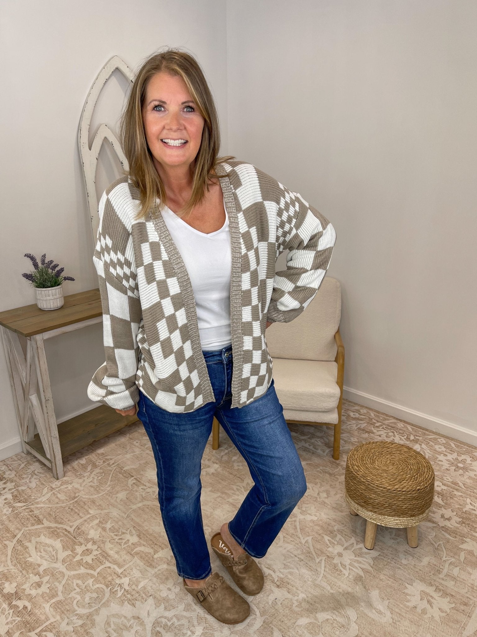 Mocha Checkered Knit Cardigan – Relaxed Open Front Sweater - Lavender HillsSweet Lovely by JenSW1528-MCA-S