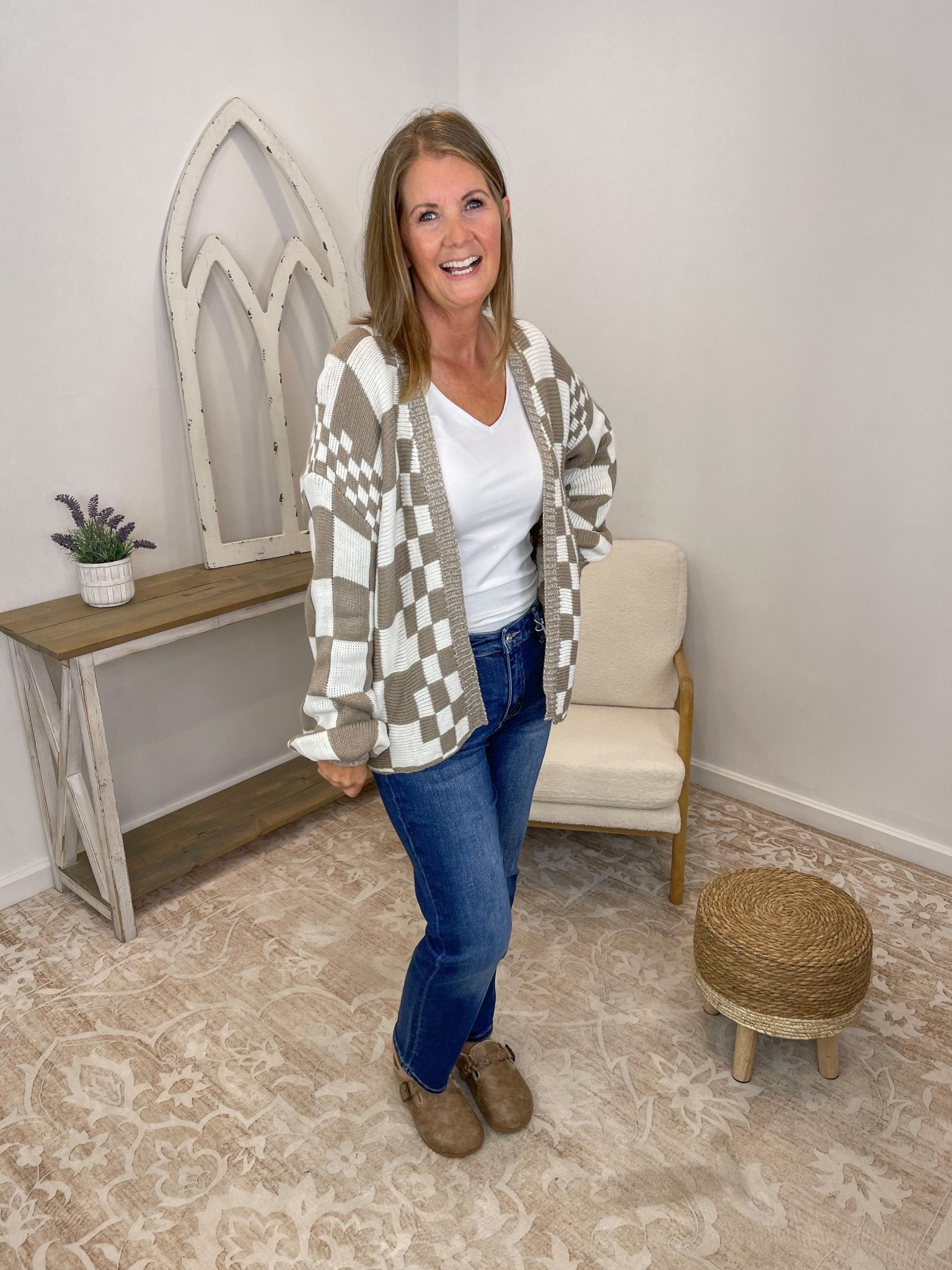 Mocha Checkered Knit Cardigan – Relaxed Open Front Sweater - Lavender HillsSweet Lovely by JenSW1528-MCA-S