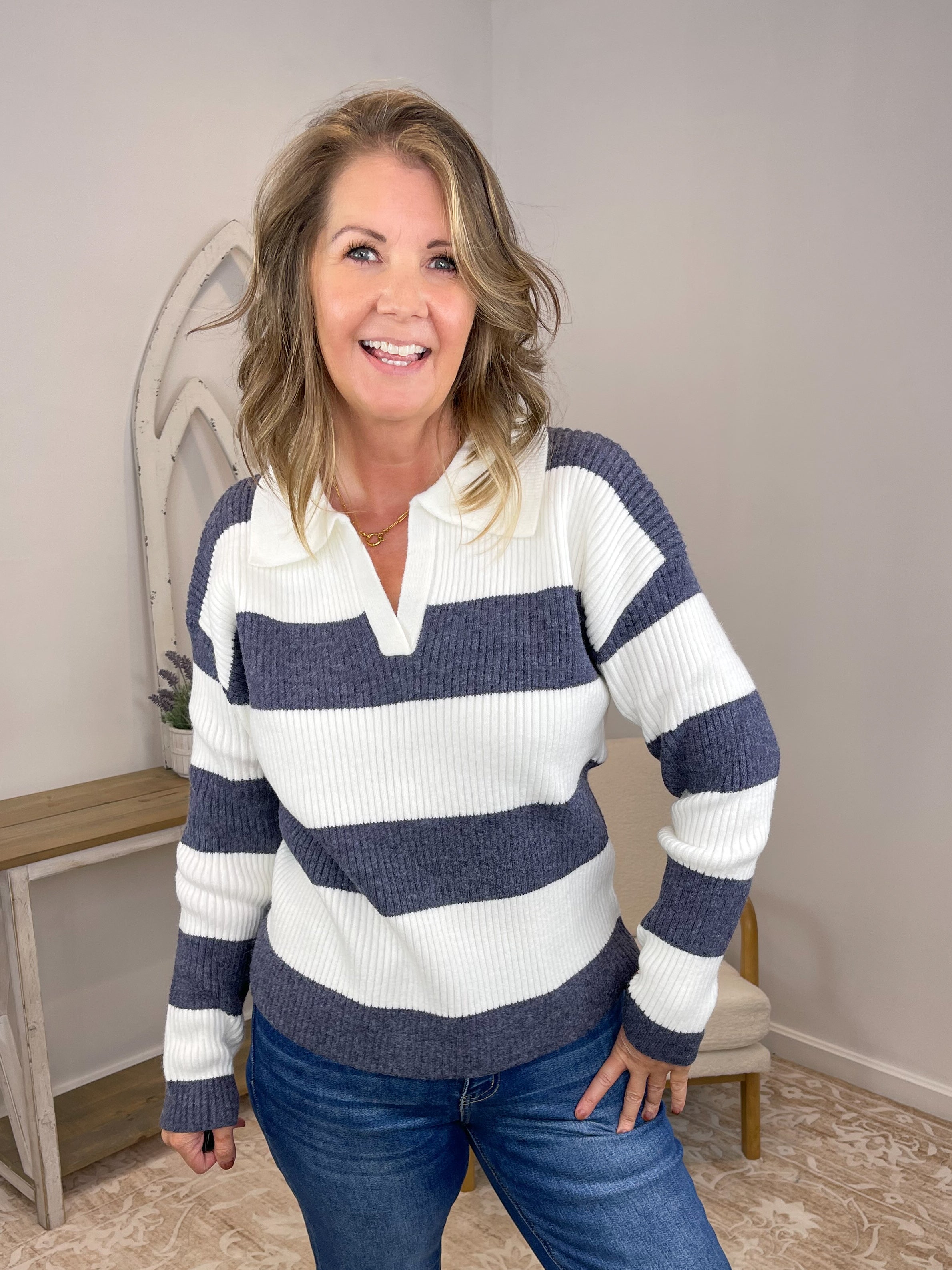 Striped Collared Polo Sweater