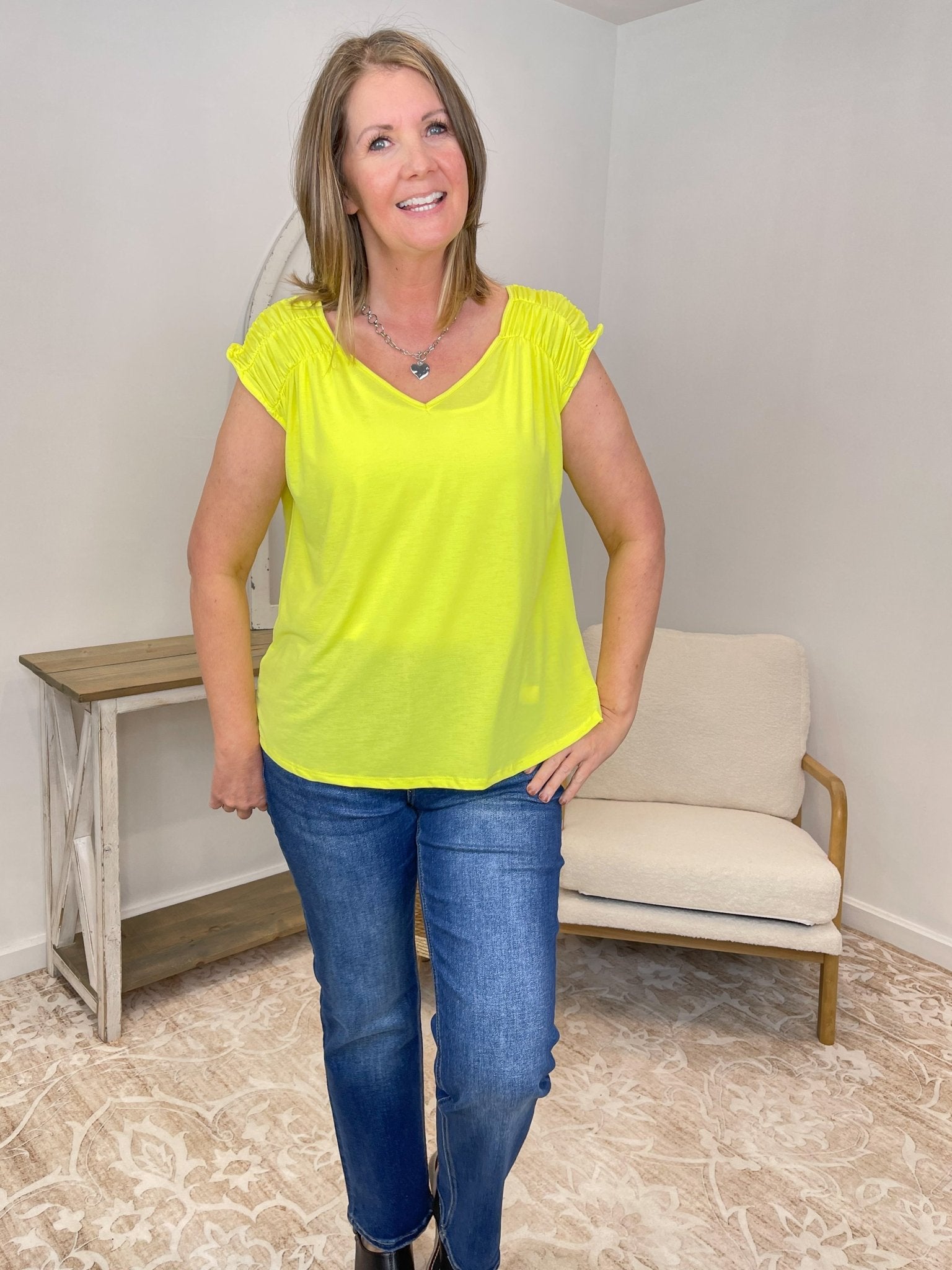 Neon Yellow Ruched Cap Sleeve Top - Wrinkle - Free Bulgari Knit - Lavender HillsDear ScarlettRCH-C0001-S