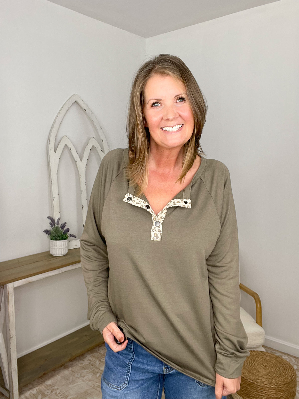 Olive Raglan Henley- Cheetah Print Accent Top