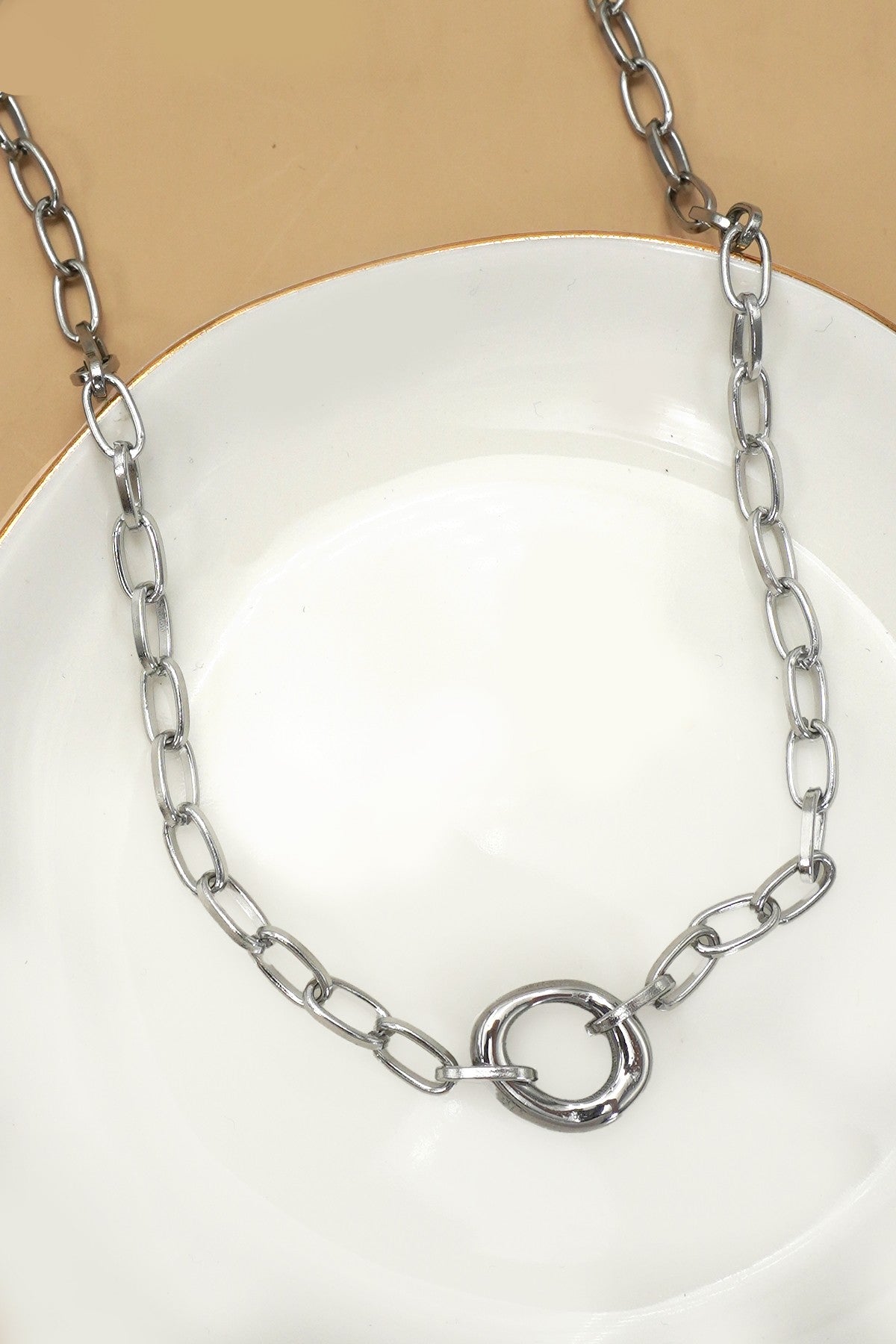 Oval Pendant Paperclip Link Chain Necklace - 18K Tarnish Free - Lavender Hills BeautyJosslyn by Wall to Wall40NK9585-SVR