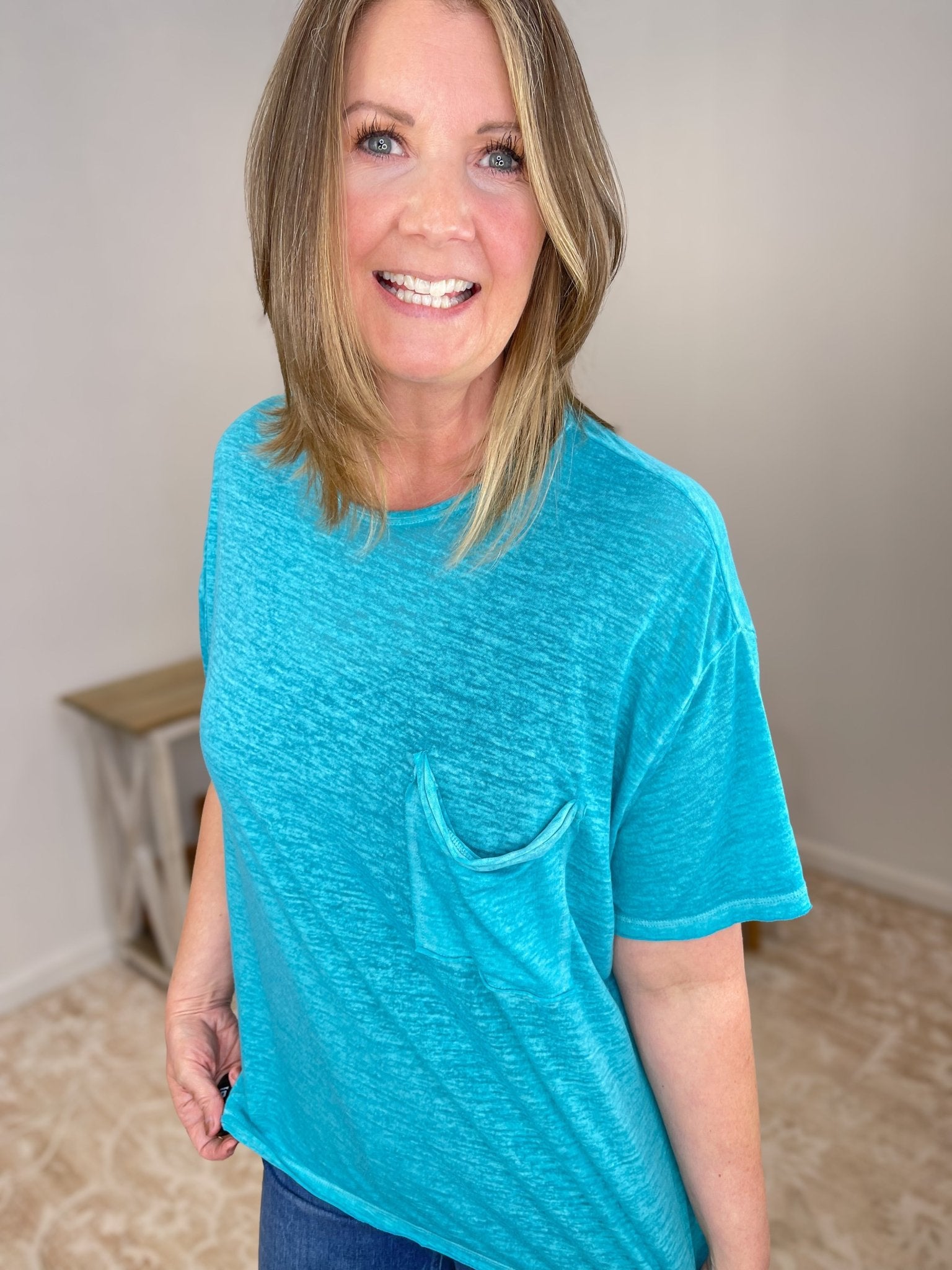 Oversized Teal Burnout Pocket Tee - Lavender HillsZenanaCTW-3144-TEL-SM
