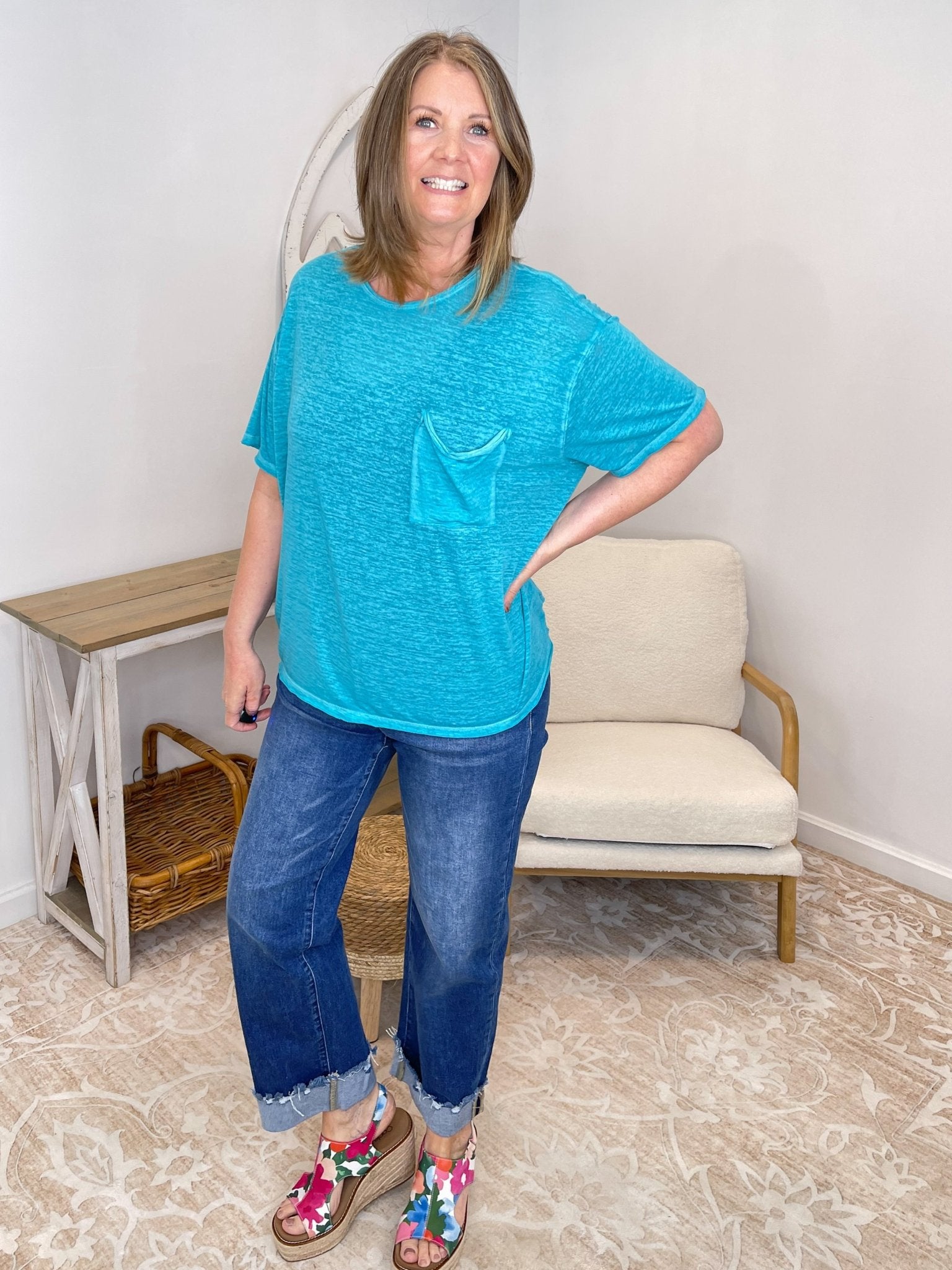 Oversized Teal Burnout Pocket Tee - Lavender HillsZenanaCTW-3144-TEL-SM