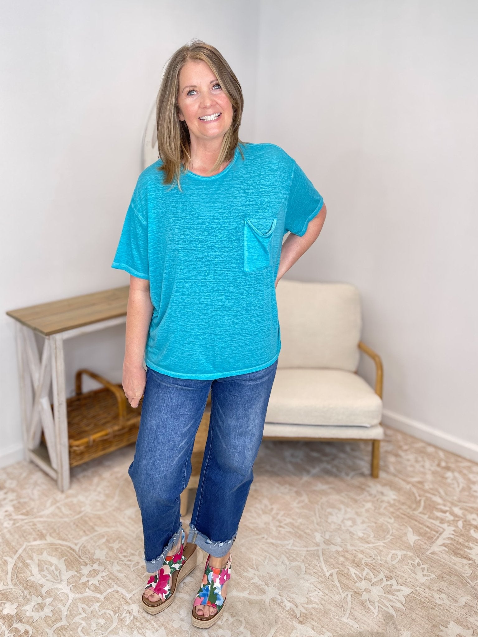 Oversized Teal Burnout Pocket Tee - Lavender HillsZenanaCTW-3144-TEL-SM