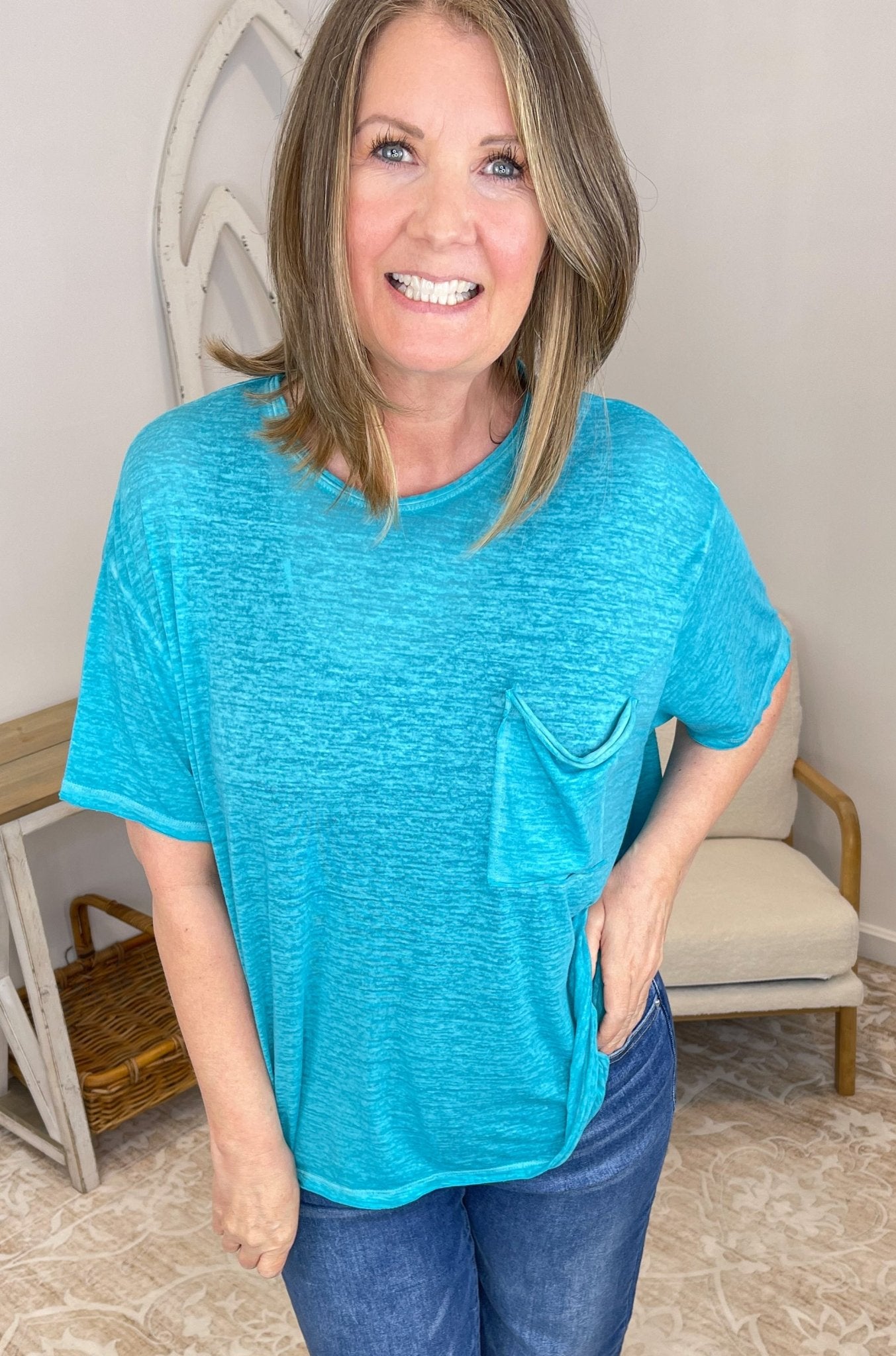Oversized Teal Burnout Pocket Tee - Lavender HillsZenanaCTW-3144-TEL-SM