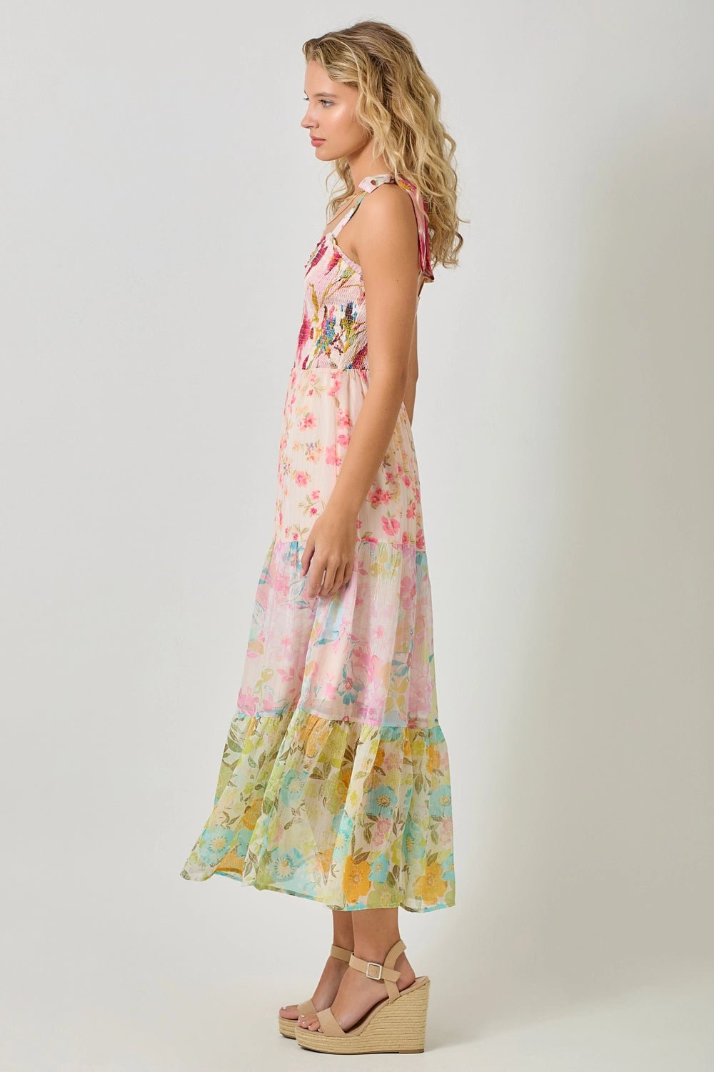 Paradise Floral Mixed Tiered Maxi Dress with Gold Pin - Striping - Lavender Hills BeautyMystree61078-M