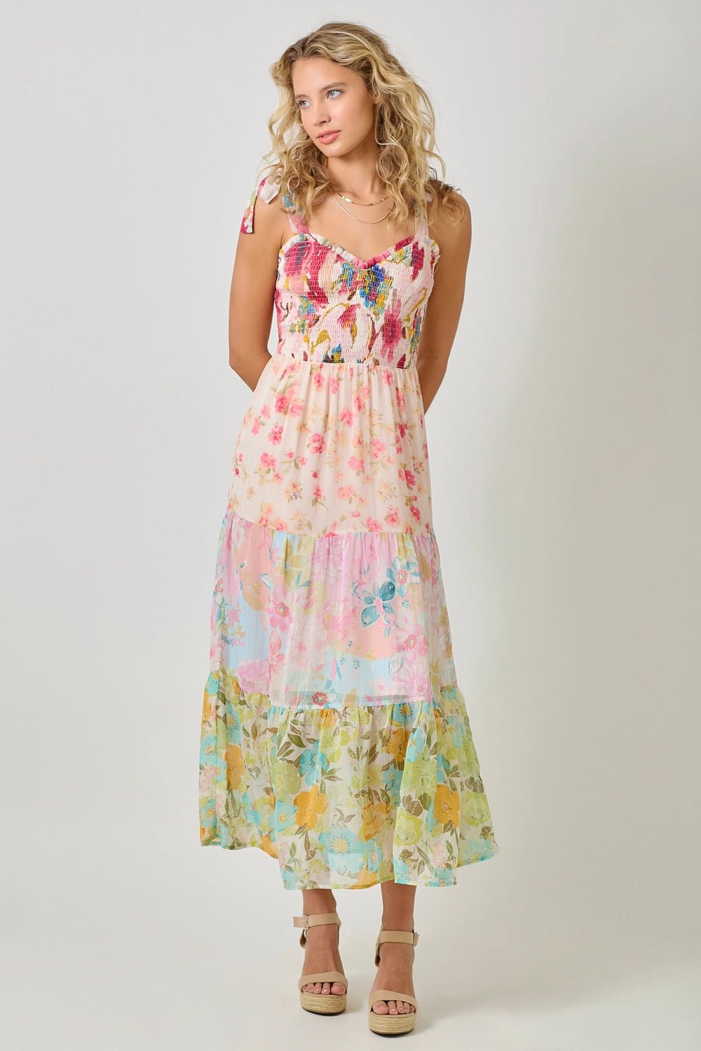 Paradise Floral Mixed Tiered Maxi Dress with Gold Pin - Striping - Lavender Hills BeautyMystree61078-M