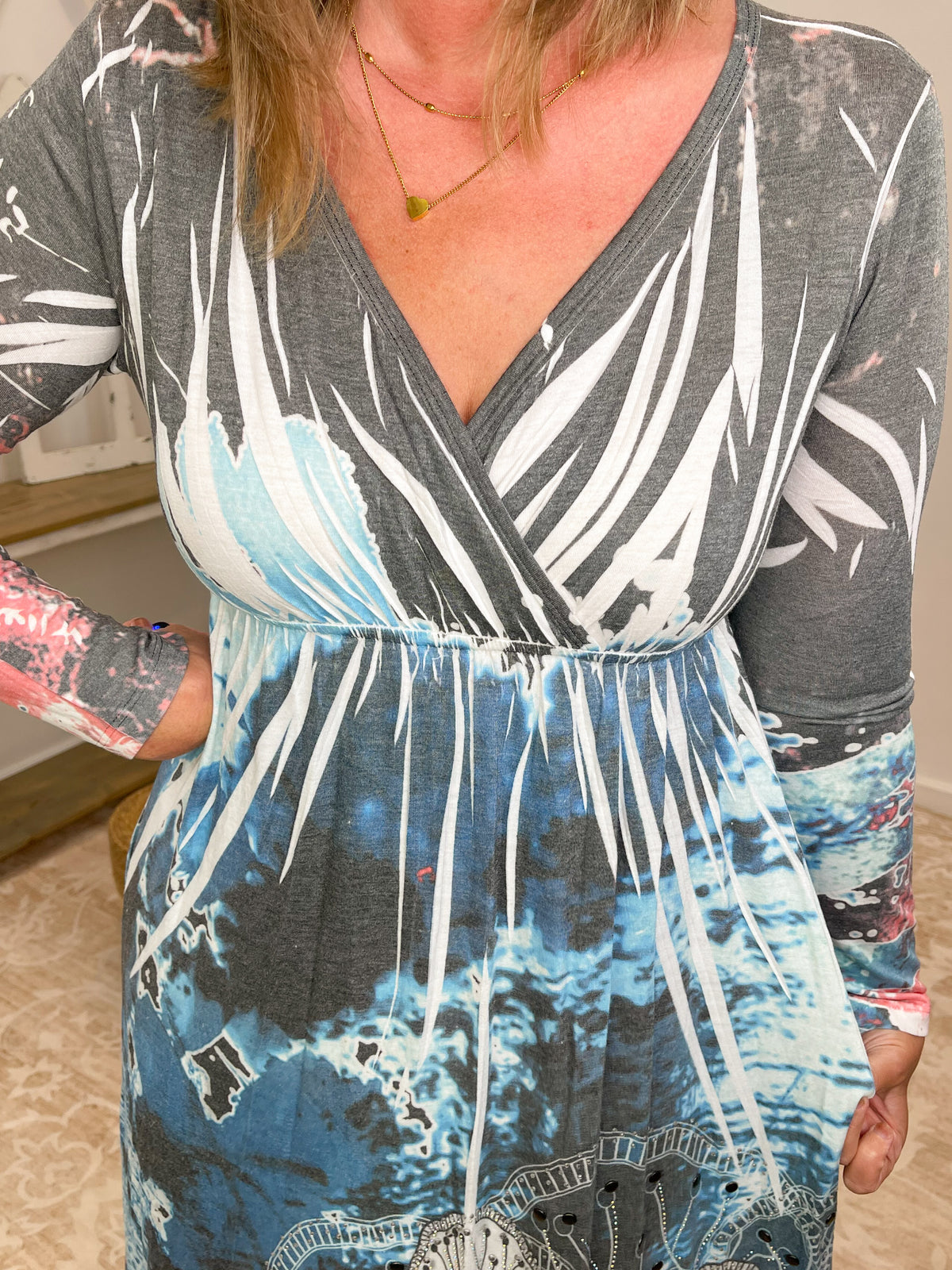 Rhinestone Surplice Mineral Wash Boho Maxi Dress