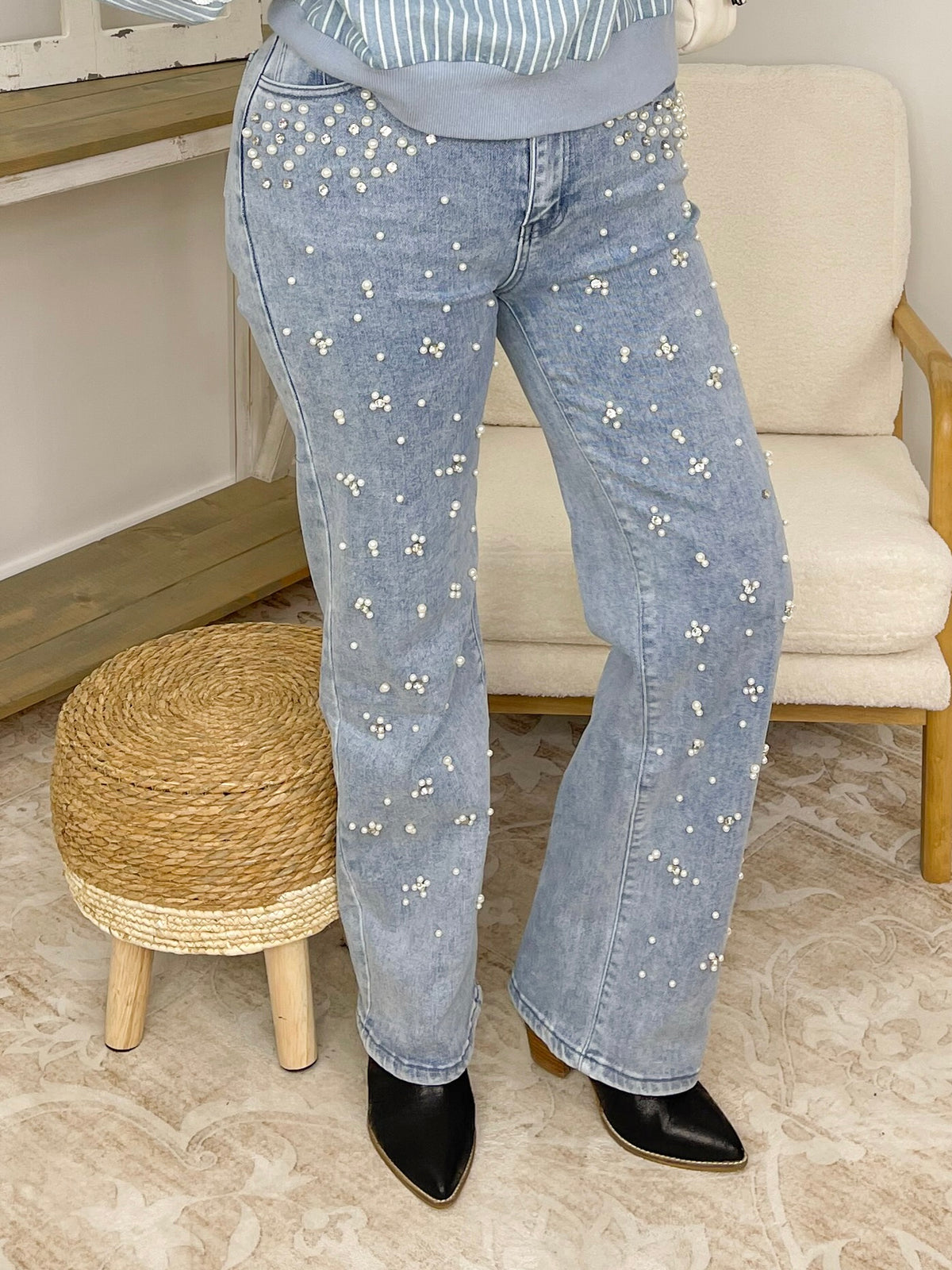Pearl Embellished Wide Leg Jeans - Lavender HillsLA Girl