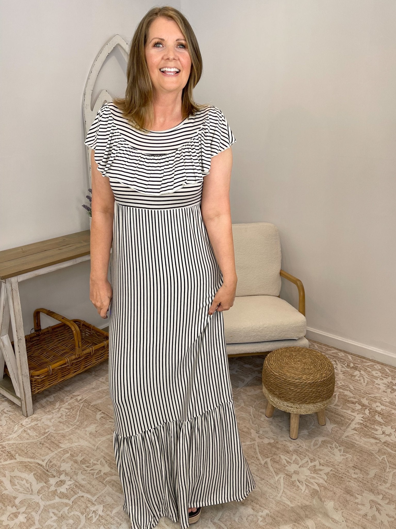 Ruffle Bib Maxi Dress with Pockets – Black & White Striped - Lavender HillsHailey & CoMHD2965-S