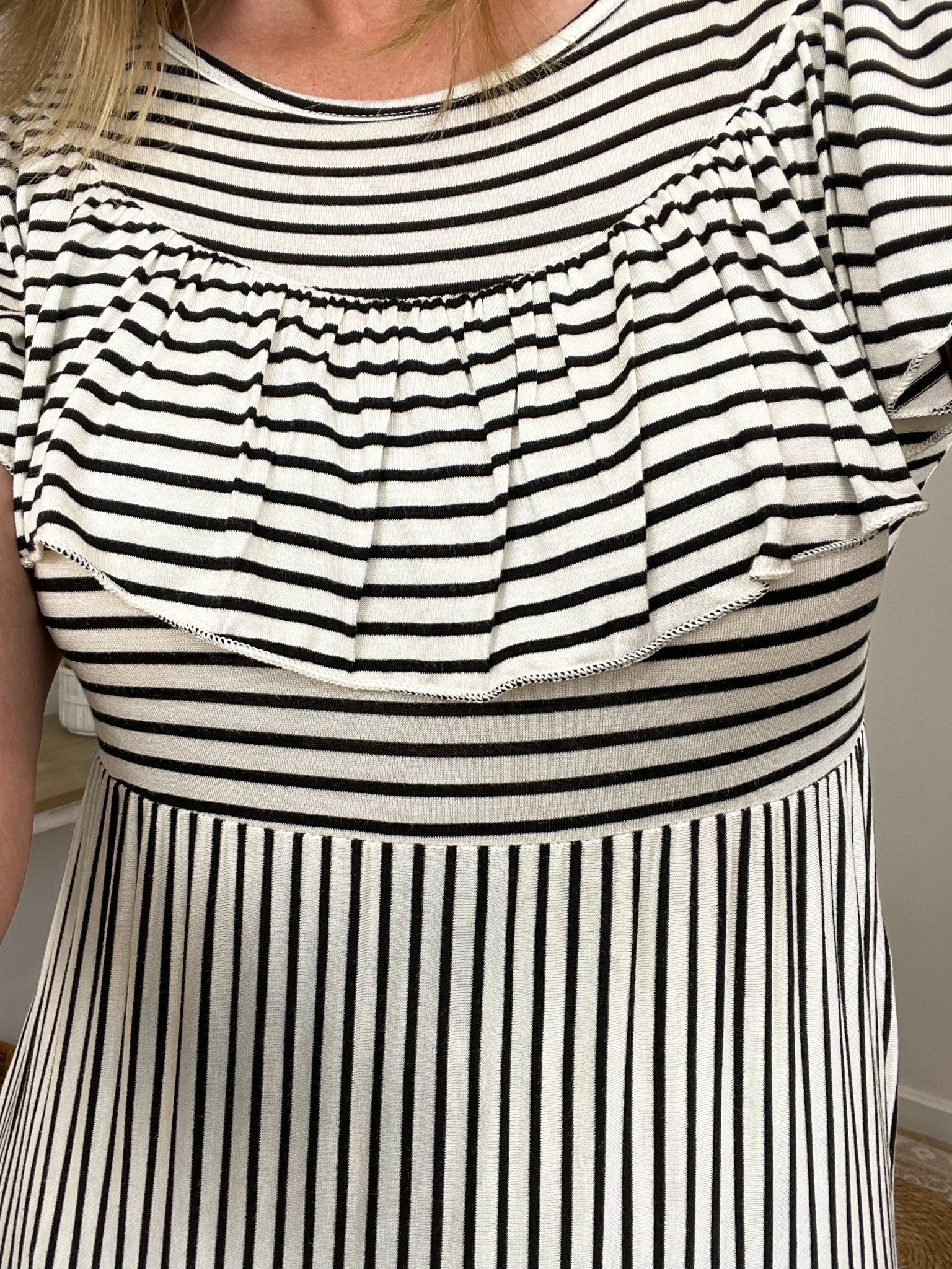 Ruffle Bib Maxi Dress with Pockets – Black & White Striped - Lavender HillsHailey & CoMHD2965-S