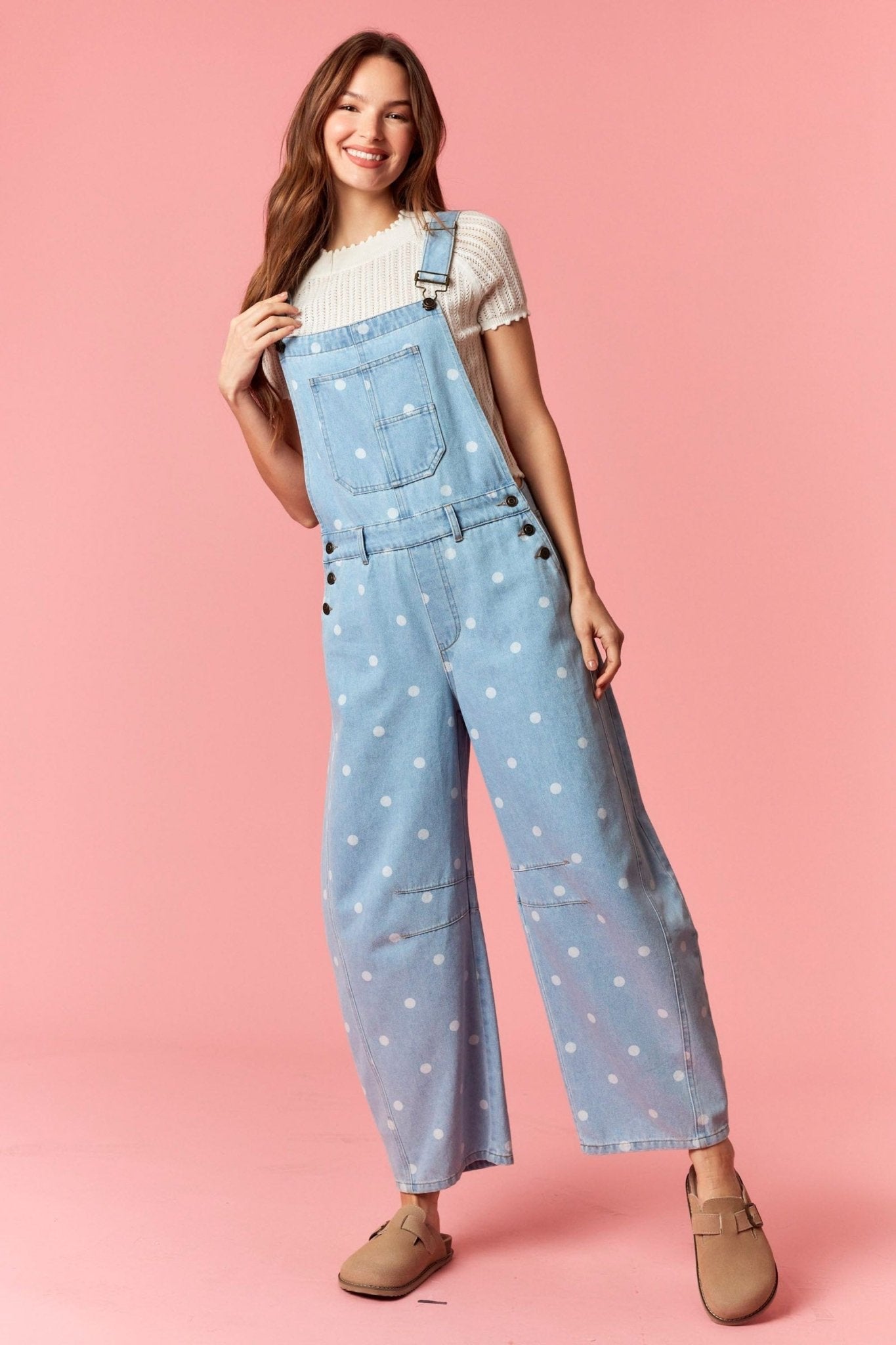 Polka Dot Washed Denim Barrel Leg Overalls - Lavender Hills BeautyPeach Love California