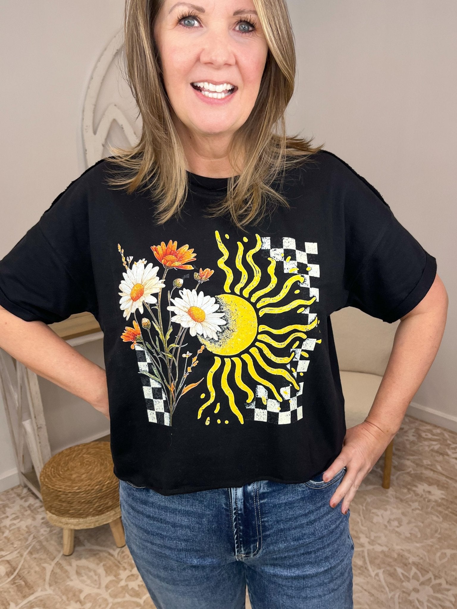 Retro Heatwave Sun & Daisy Checkerboard Boxy Tee - French Terry - Lavender Hills BeautyLavender Hills Beauty