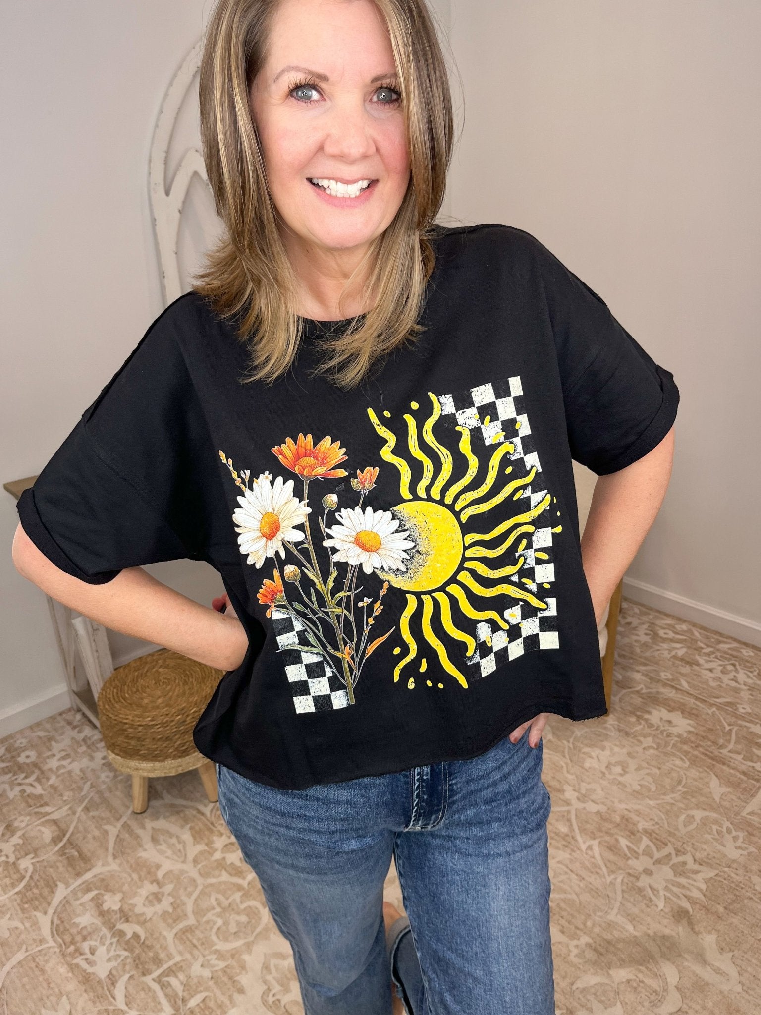 Retro Heatwave Sun & Daisy Checkerboard Boxy Tee - French Terry - Lavender Hills BeautyLavender Hills Beauty