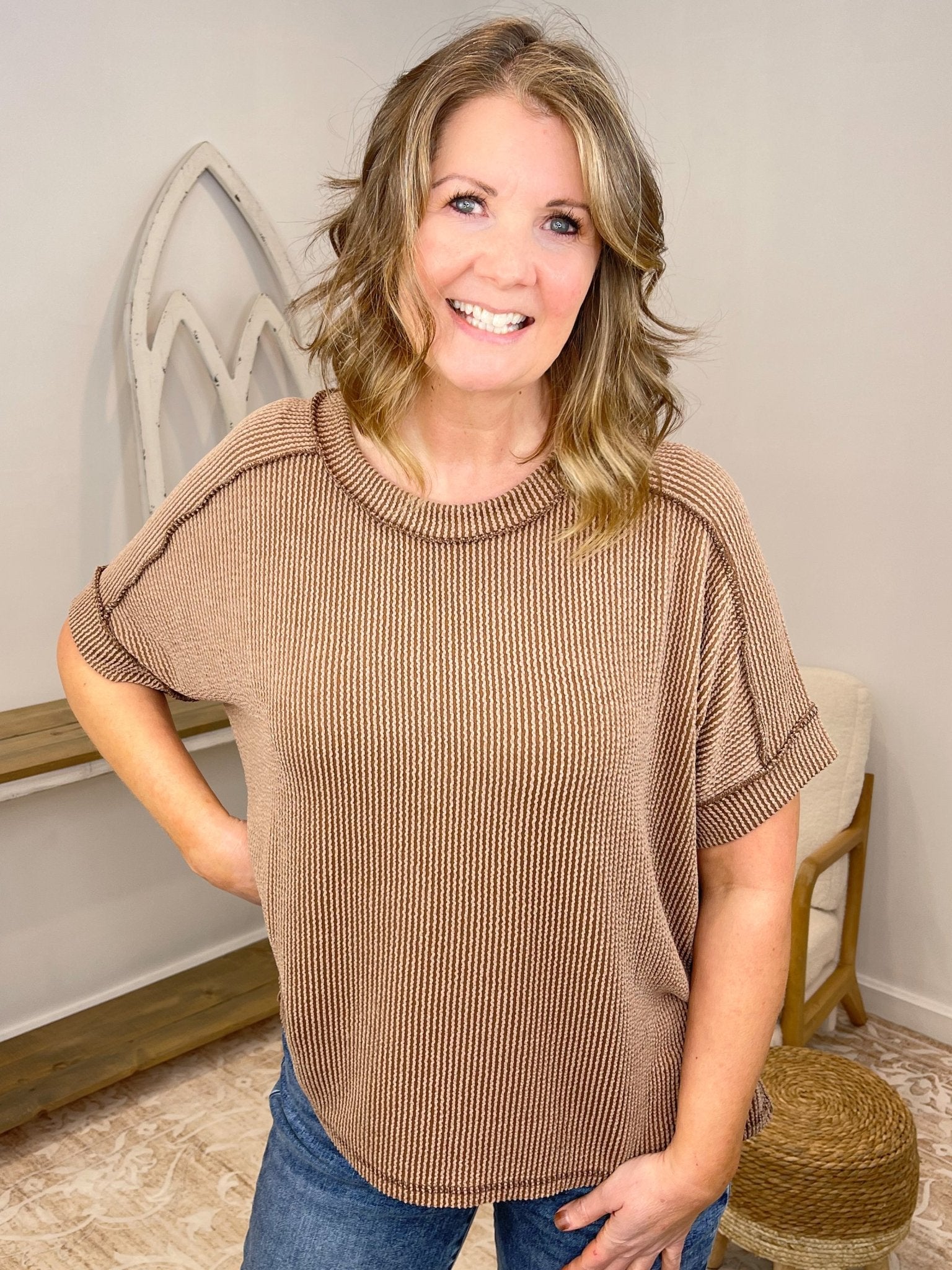 Lux Ribbed Short Sleeve Hi - Low Top Shirt - Lavender Hills BeautyZenanaRTL-8451A-BWN-SM