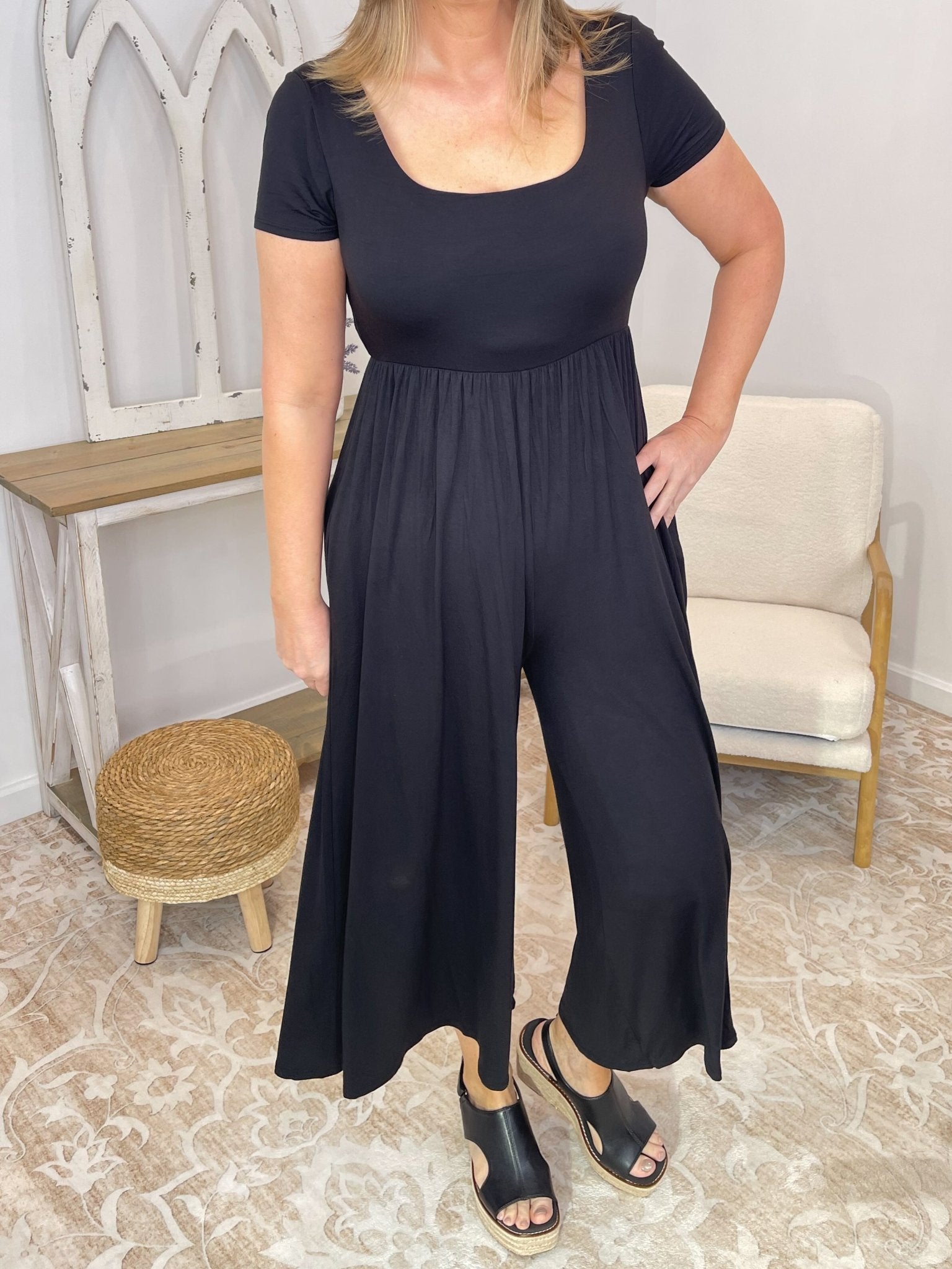 Serene Flowy Wide - Leg Jumpsuit - Double Layered Comfort - Lavender Hills BeautyZenanaRP-8559Y-BLK-S