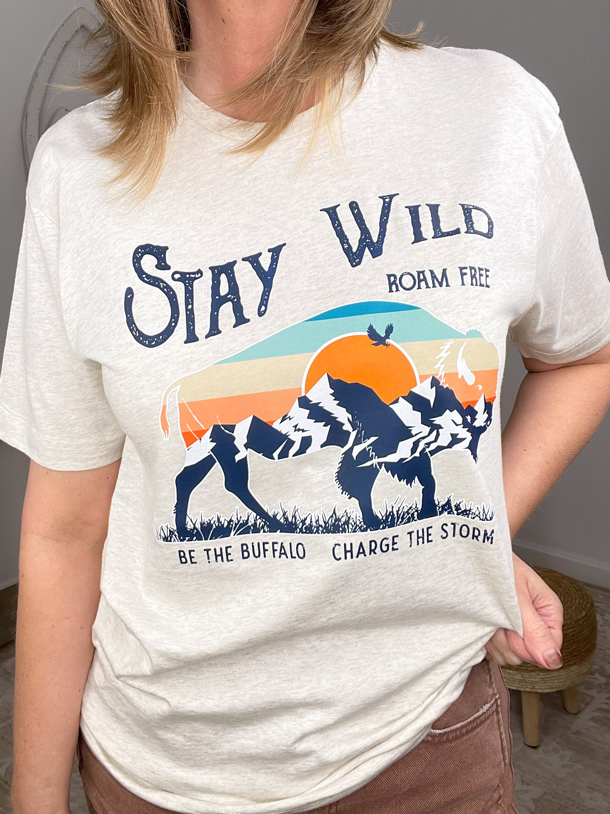 Stay Wild Buffalo Graphic Tee - Retro "Charge the Storm" T-Shirt - Lavender HillsTallulah Bee ApparelSWLDBUF-S