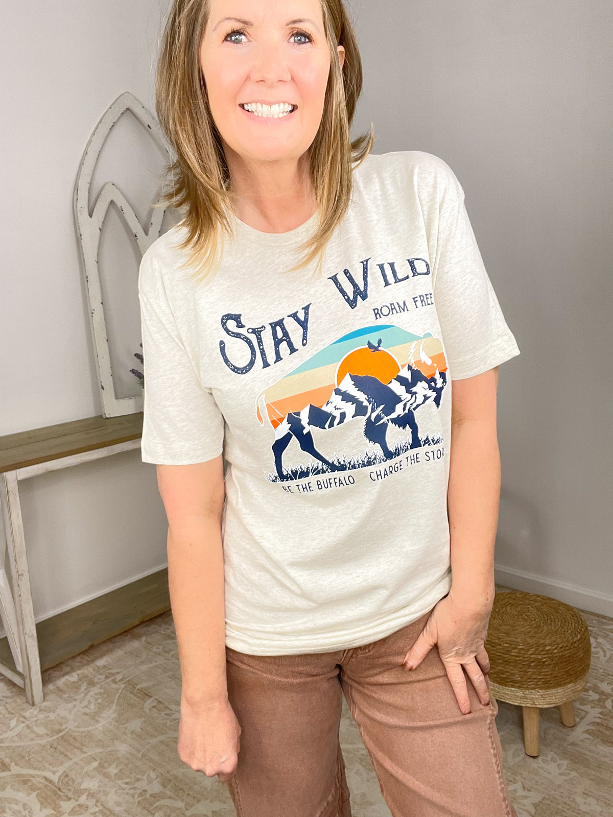 Stay Wild Buffalo Graphic Tee - Retro "Charge the Storm" T-Shirt