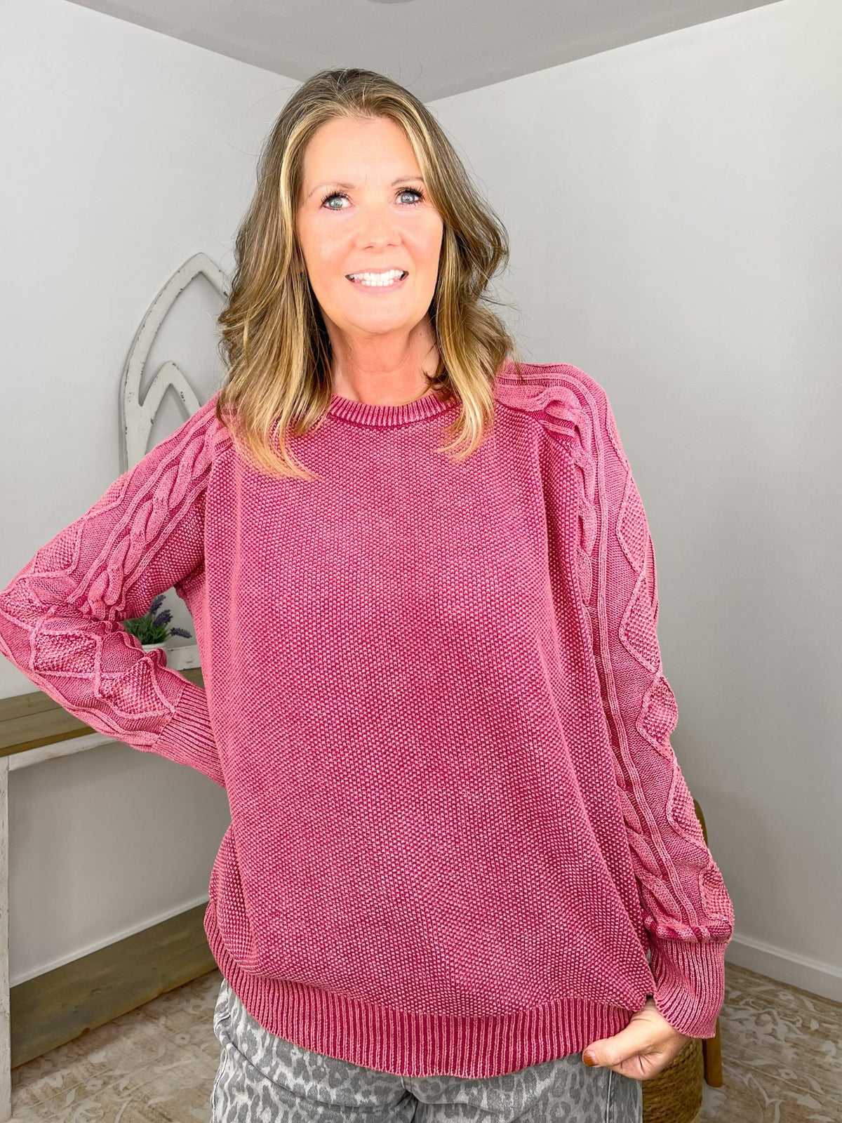 Stone Washed Cable Sleeve Crewneck Sweater - Cabernet - Lavender HillsZenanaTWW-2334Y-CAB-S