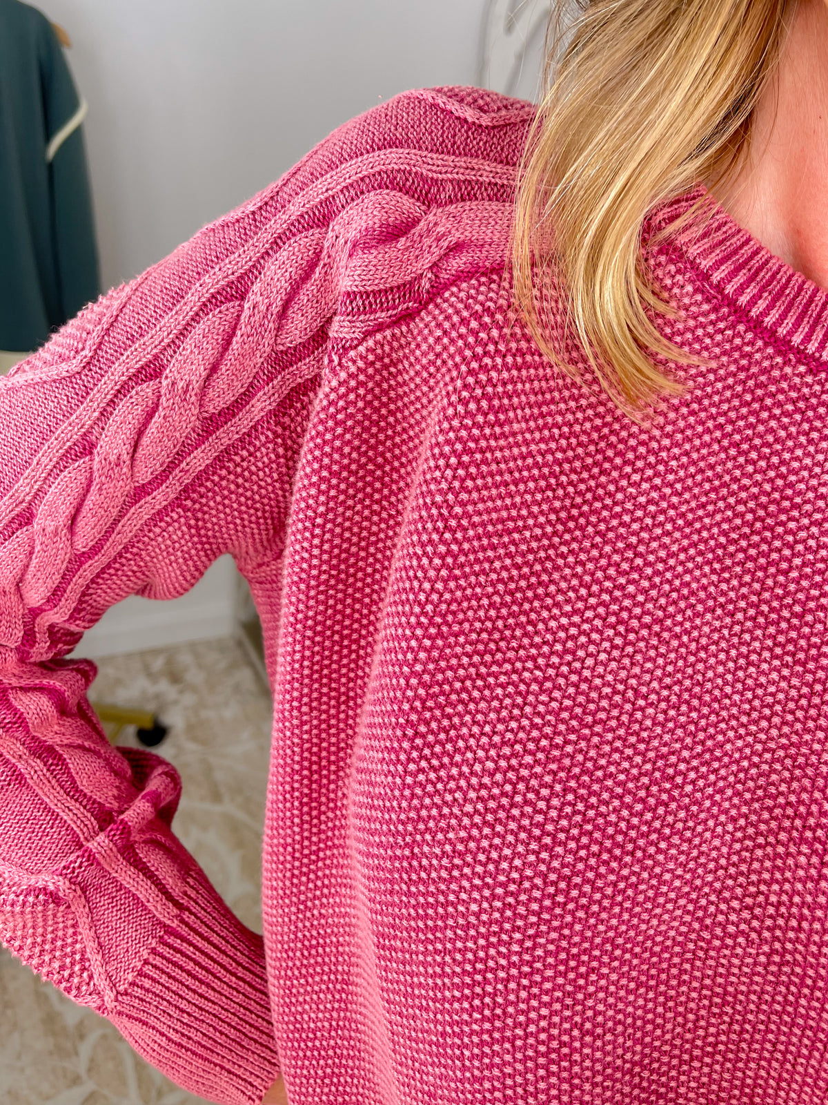 Stone Washed Cable Sleeve Crewneck Sweater - Cabernet