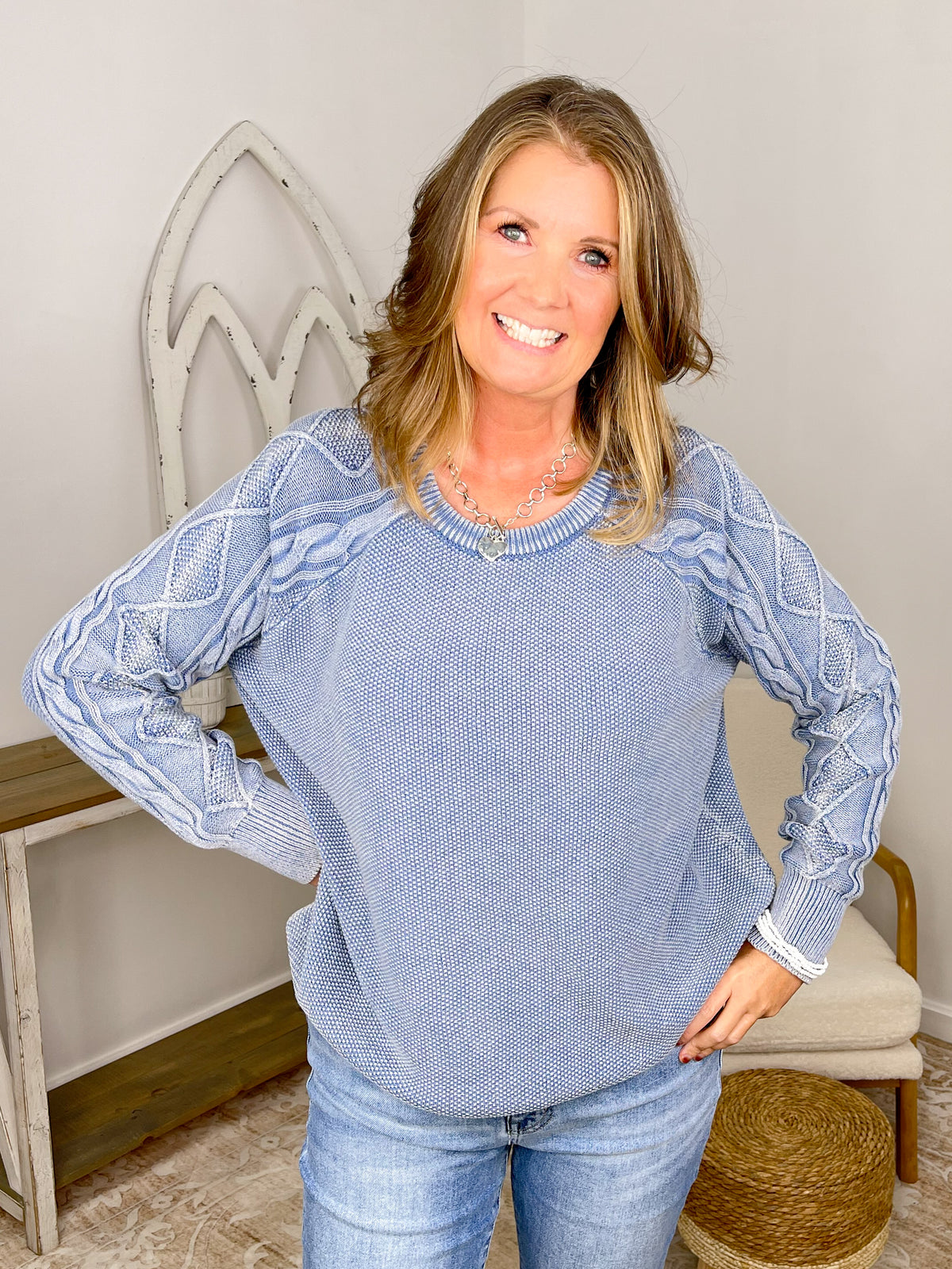 Stone Washed Cable Sleeve Crewneck Sweater- Dusty Blue
