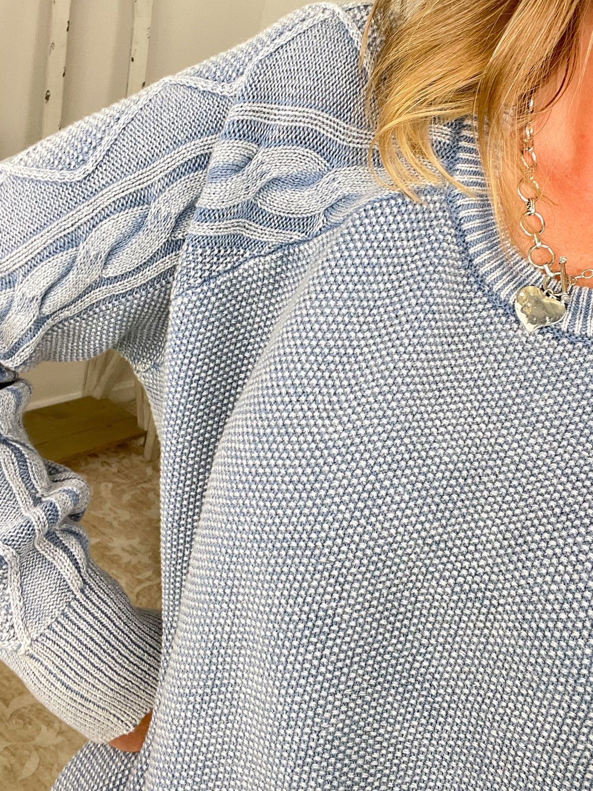 Stone Washed Cable Sleeve Crewneck Sweater- Dusty Blue