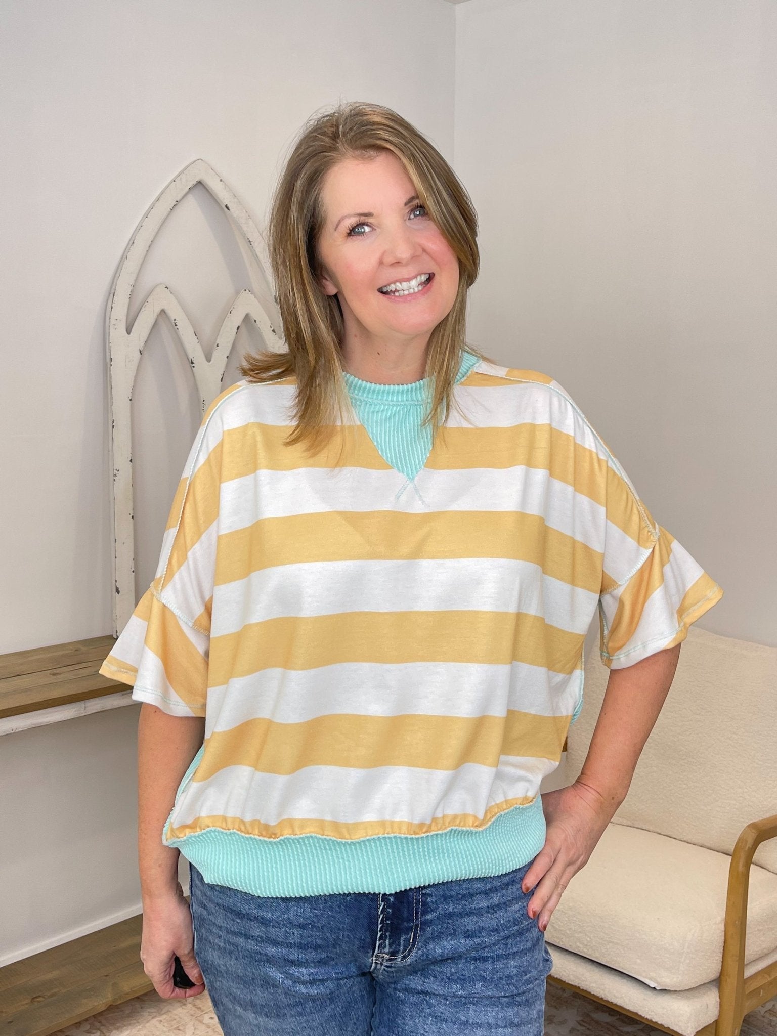 Striped Flutter Sleeve Terry Top - Yellow & Aqua - Lavender Hills BeautyHapticsHT7477B-BYAQ-S