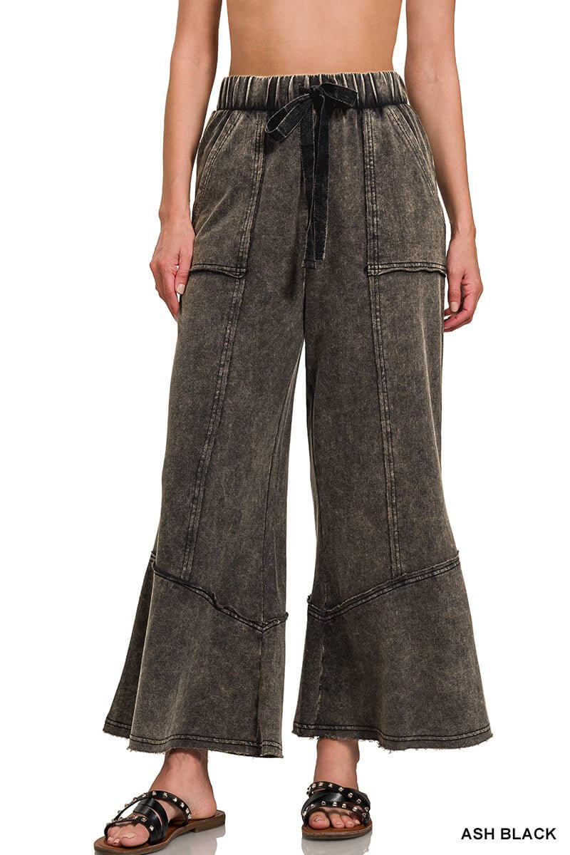 Easy Days Cropped Mineral Wash Wide Leg Flared Pants - Lavender Hills BeautyZenanaTPW-5253Y-1