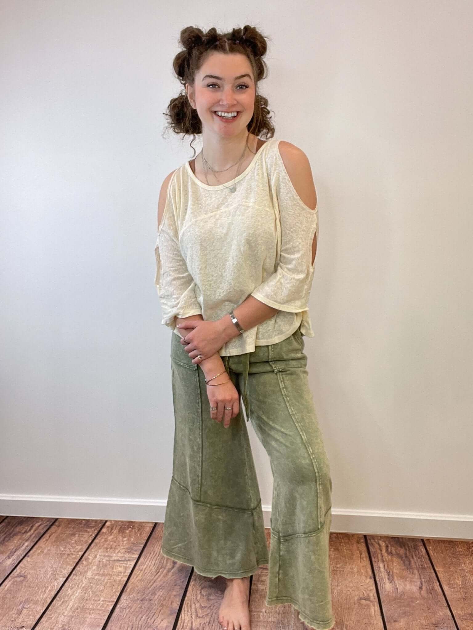Easy Days Cropped Mineral Wash Wide Leg Flared Lounge Pants - Lavender Hills BeautyZenanaTPW - 5253Y - 2