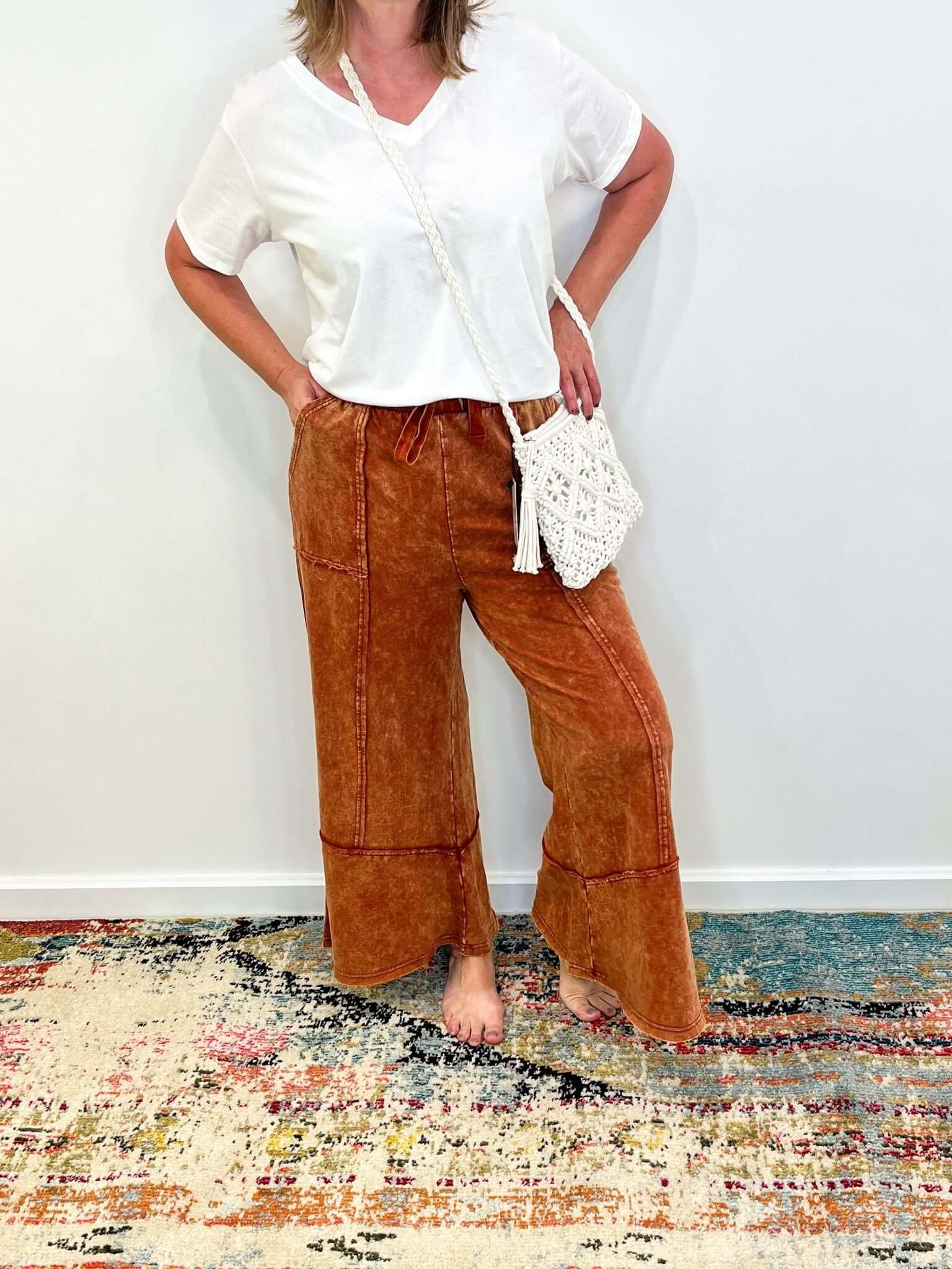 Easy Days Cropped Mineral Wash Wide Leg Flared Lounge Pants - Lavender Hills BeautyZenanaTPW - 5253Y - 2