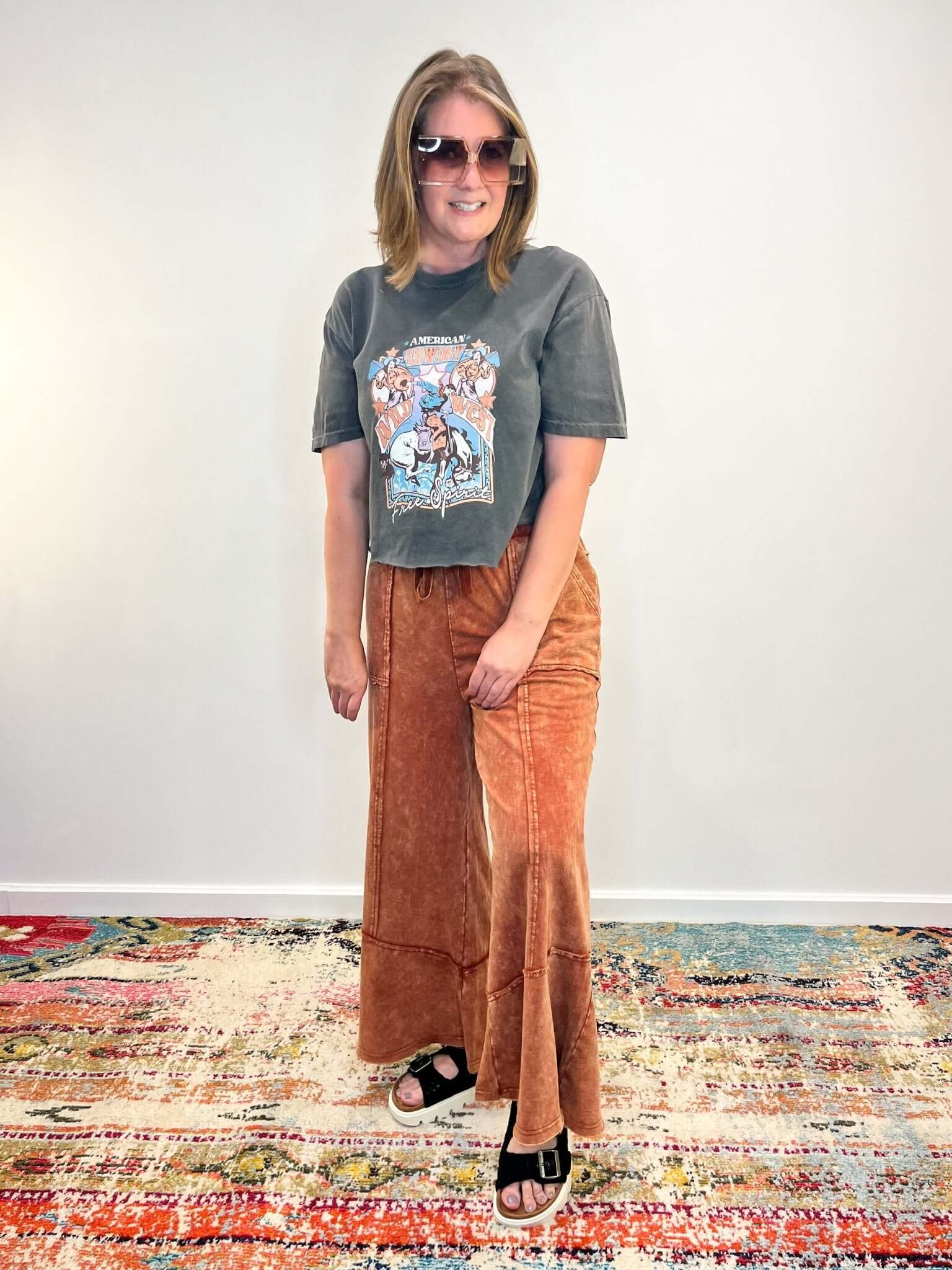 Easy Days Cropped Mineral Wash Wide Leg Flared Lounge Pants - Lavender Hills BeautyZenanaTPW - 5253Y - 2