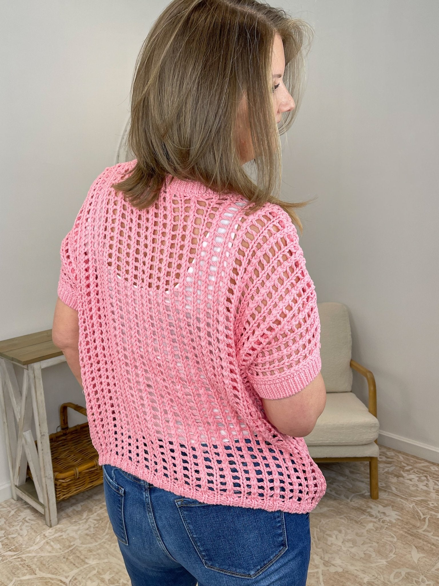 Fishnet Crochet Short Sleeve Sweater – Boho Mesh Knit Top - Lavender HillsZenanaTW-2406A-PNK-SM