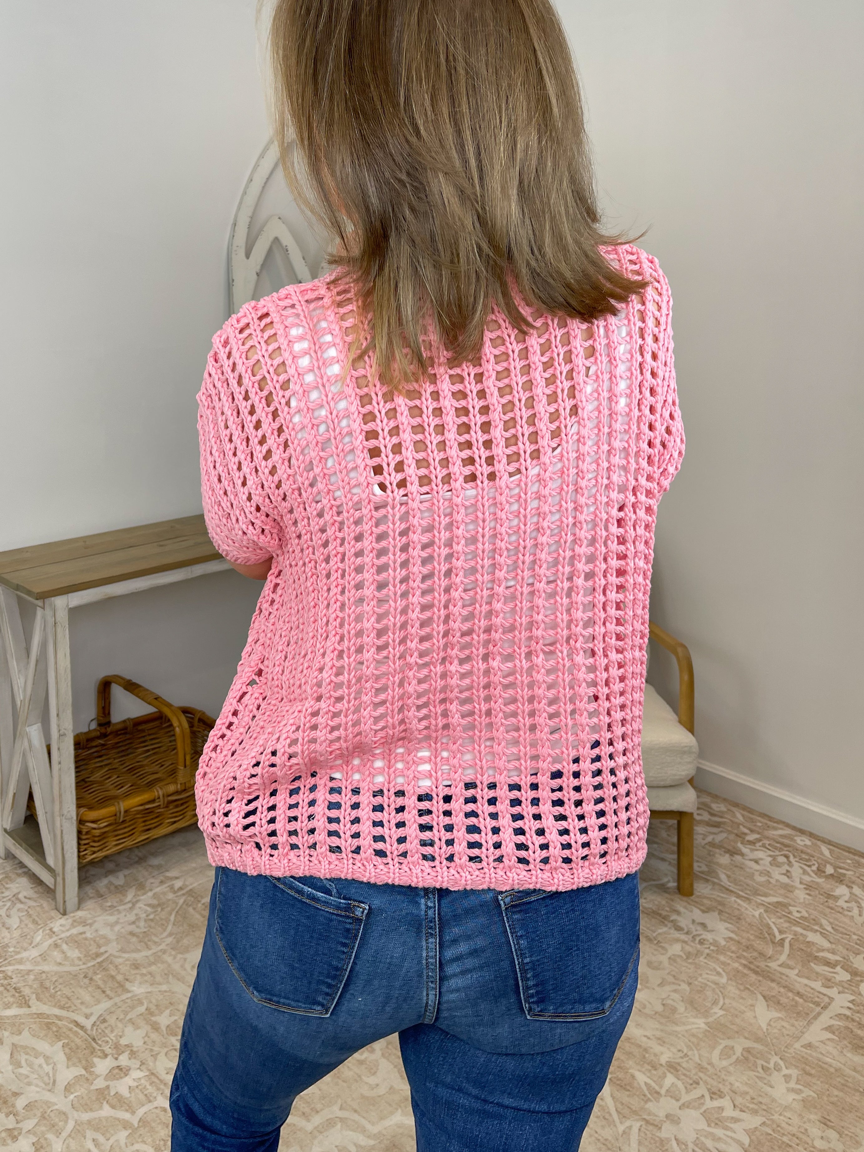 Fishnet Crochet Short Sleeve Sweater – Boho Mesh Knit Top