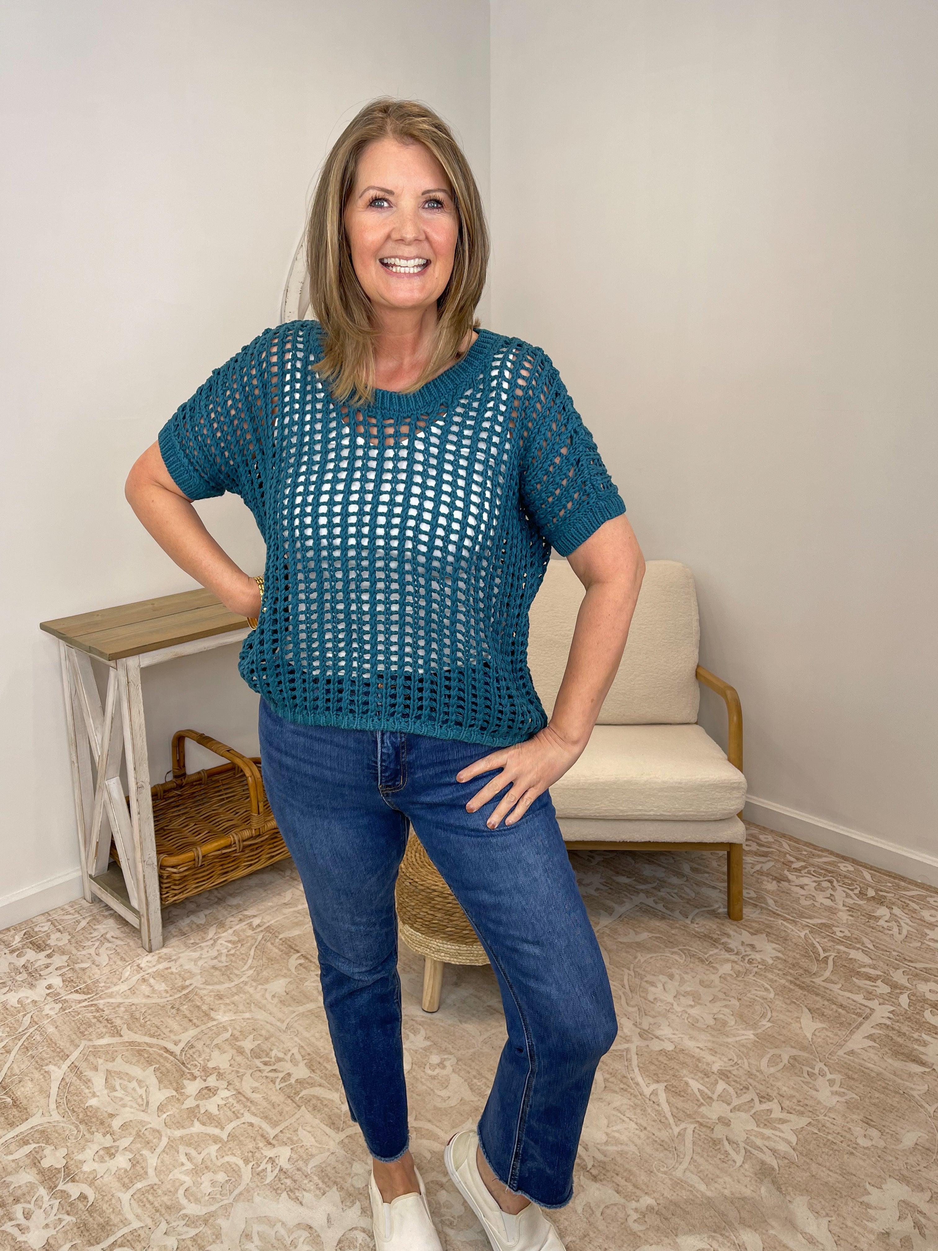 Fishnet Crochet Short Sleeve Sweater – Boho Mesh Knit Top