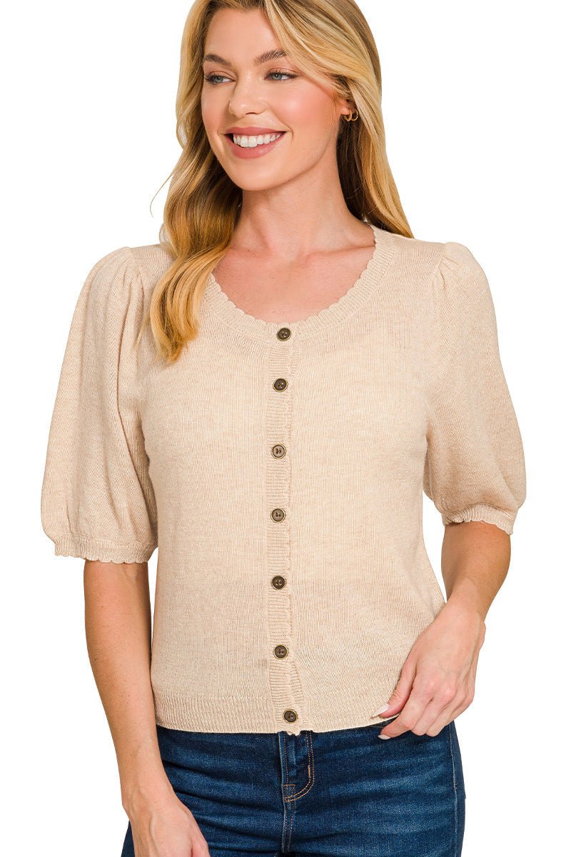 Oatmeal Puff Sleeve Scallop Trim Cardigan - Lavender Hills BeautyZenanaTW-2714Y-HBGE-S-1