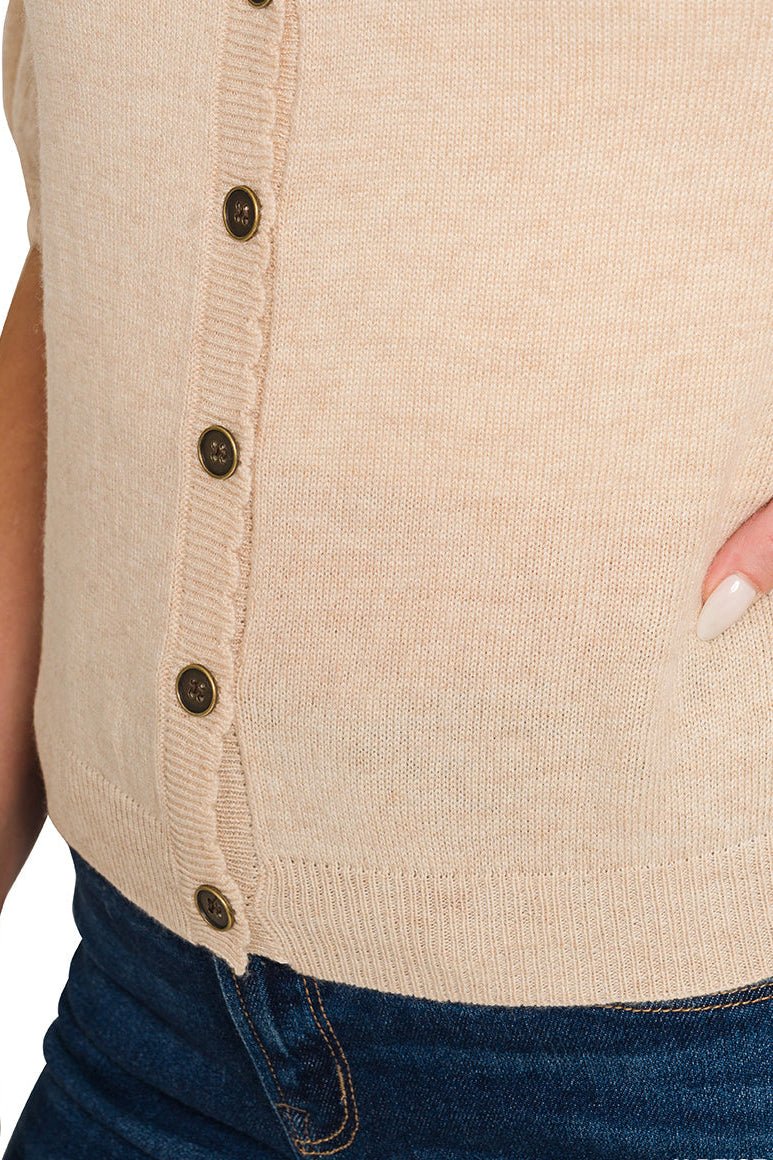 Oatmeal Puff Sleeve Scallop Trim Cardigan - Lavender Hills BeautyZenanaTW-2714Y-HBGE-S-1