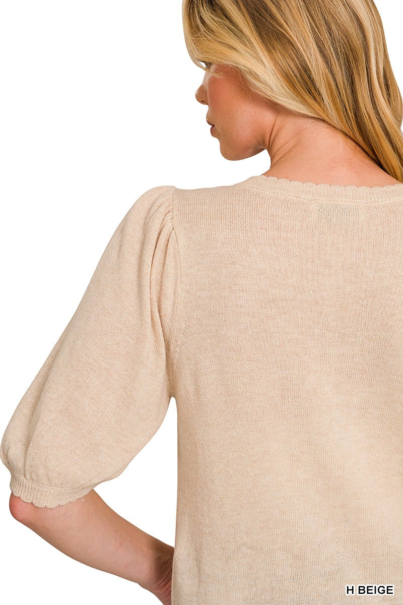 Oatmeal Puff Sleeve Scallop Trim Cardigan - Lavender Hills BeautyZenanaTW-2714Y-HBGE-S-1